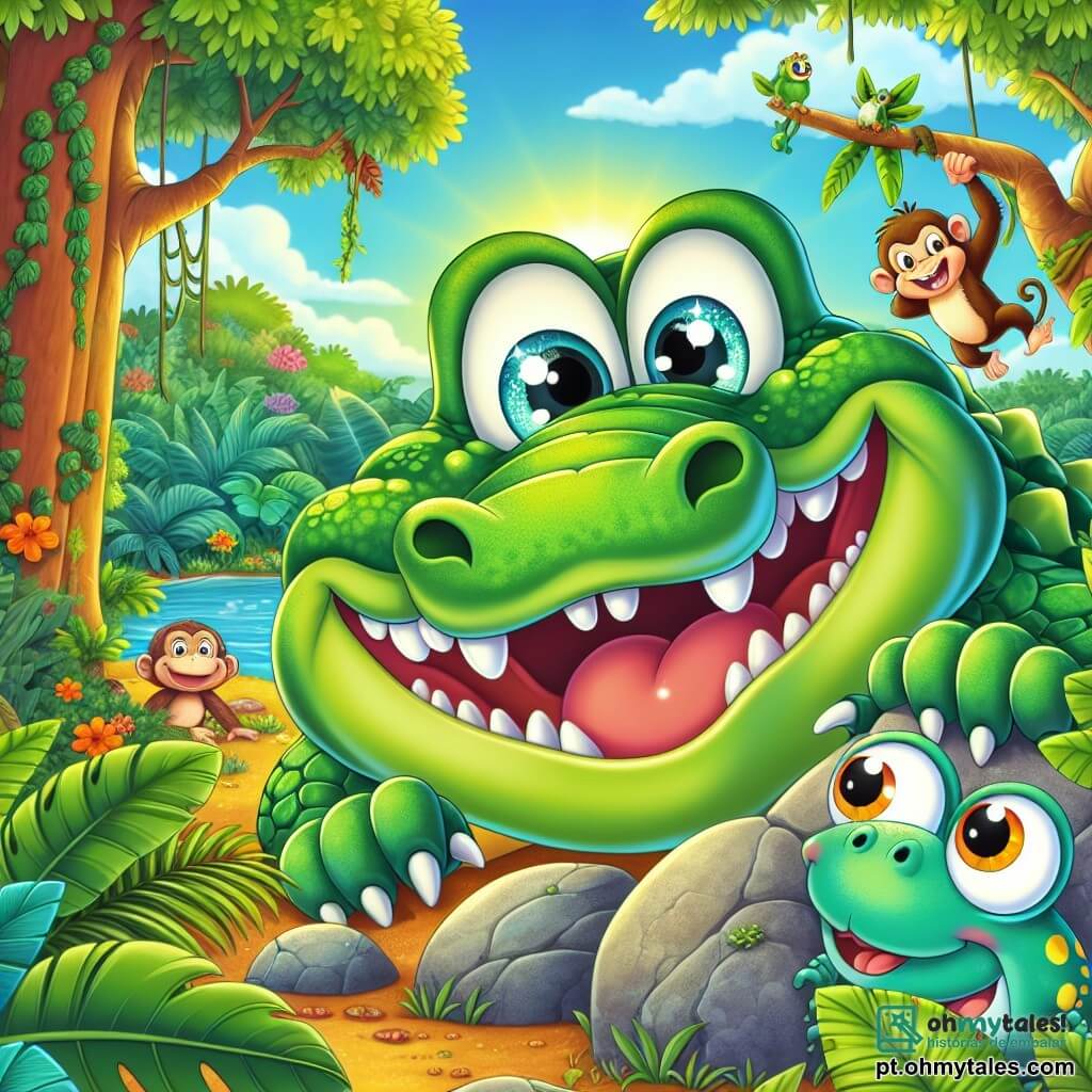 Um crocodilo chamado Caco, com uma pele verde brilhante e olhos cintilantes de alegria, se esconde atrás de uma grande pedra, rindo de todo o coração. Sua boca larga está aberta em um sorriso, mostrando seus dentes brancos e amigáveis. Próximo a ele, um pequeno sapo chamado Sapo, com pele verde e manchas amarelas, salta de alegria, seus olhos redondos brilhando de excitação, enquanto tenta se esconder atrás de uma folha gigante. Mais adiante, uma macaca chamada Mimí, com pelagem marrom e olhos travessos, balança em uma liana, observando a cena com um sorriso divertido. Ao fundo, a selva de Zumbalândia é luxuriante, cheia de árvores majestosas com folhas vibrantes, flores coloridas e um céu azul claro. A cena principal mostra Caco, o crocodilo, rindo e tentando se esconder, enquanto Olívia, a coruja, os procura contando, criando uma atmosfera alegre e lúdica.