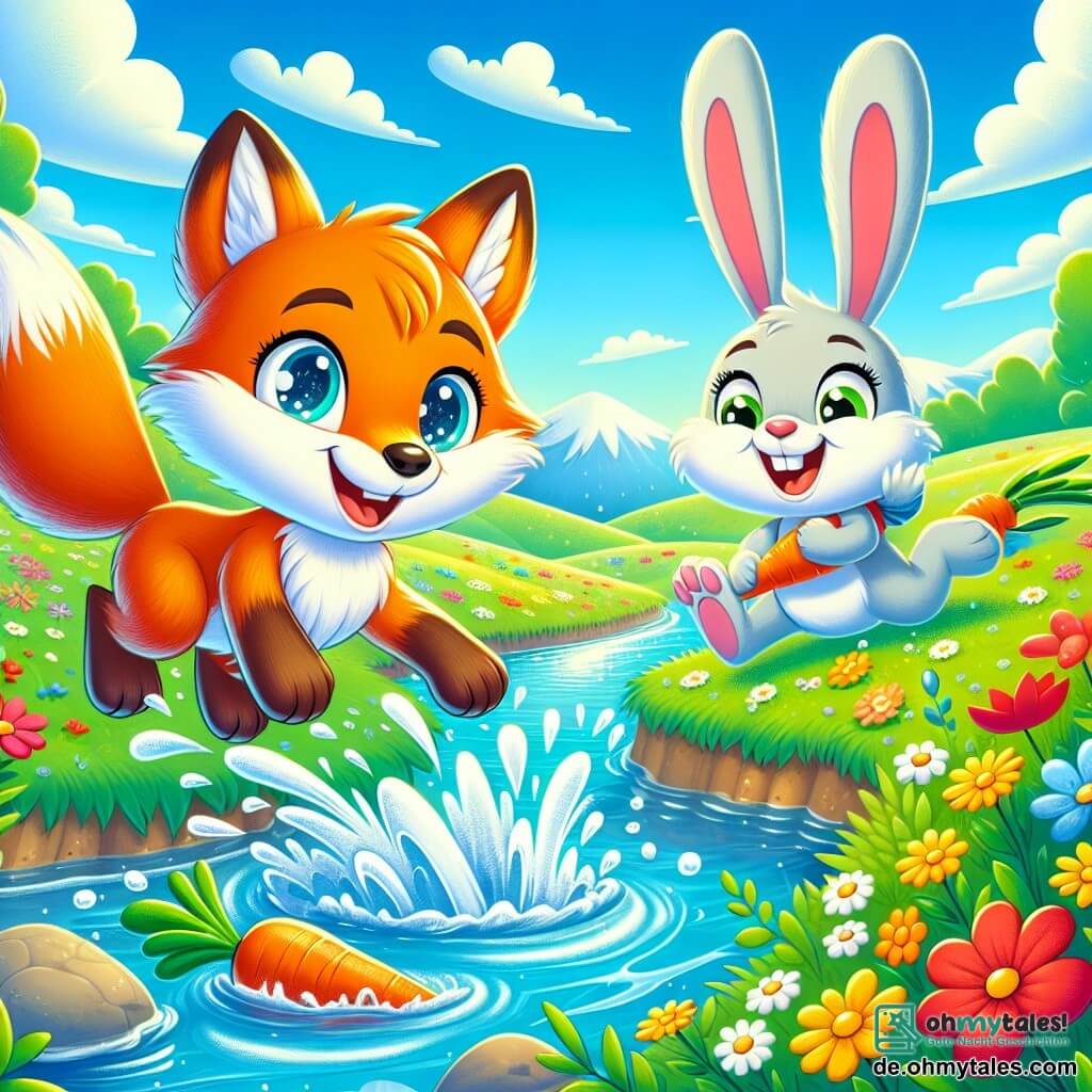 Ein kleiner Fuchs namens Finn mit leuchtend orangefarbenem Fell und funkelnden Augen springt ins klare Wasser eines Baches und spritzt glitzernde Wassertropfen um sich herum. Neben ihm lacht sein Freund Max, ein kleiner Hase mit großen weißen Ohren und weichem Fell, fröhlich, während er eine Karotte in seinen Pfoten hält. Der Bach schlängelt sich durch eine grüne Wiese, die mit bunten Blumen und leuchtenden Blütenblättern übersät ist, unter einem hellblauen Himmel mit einigen flauschigen Wolken. Die Szene strahlt Glück und Freundschaft aus, während Finn und Max zusammen Spaß haben und einen sonnigen Sommertag genießen.