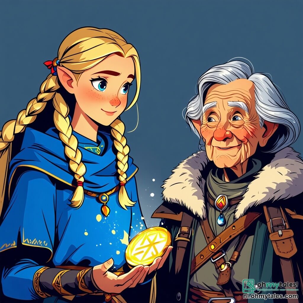 Een jonge vrouw genaamd Astrid, met lange gevlochten blonde haren, draagt een blauwe wollen tuniek en een bontjas. Haar gezicht straalt vastberadenheid en verwondering uit terwijl ze een glanzende rune in haar hand houdt, die haar nieuwsgierige blik verlicht. Naast haar staat een wijze oude vrouw, Freja, ongeveer 70 jaar oud, met grijs haar en een rimpelig maar warm gezicht, die Astrid met trots observeert. Freja is gekleed in een beige linnen jurk en draagt een ketting van oude kralen. De scène speelt zich af aan de oever van een groot bevroren meer, omgeven door majestueuze besneeuwde bergen onder een heldere blauwe lucht. Groene dennenbomen staan rond het meer en sneeuwvlokken vallen zachtjes. Astrid bereidt zich voor om een majestueuze draak te confronteren, wiens zwarte schubben in de zon schitteren. De draak brult en spuwt vlammen, terwijl Astrid moedig een pijl uit haar boog trekt, klaar om haar dorp te verdedigen.