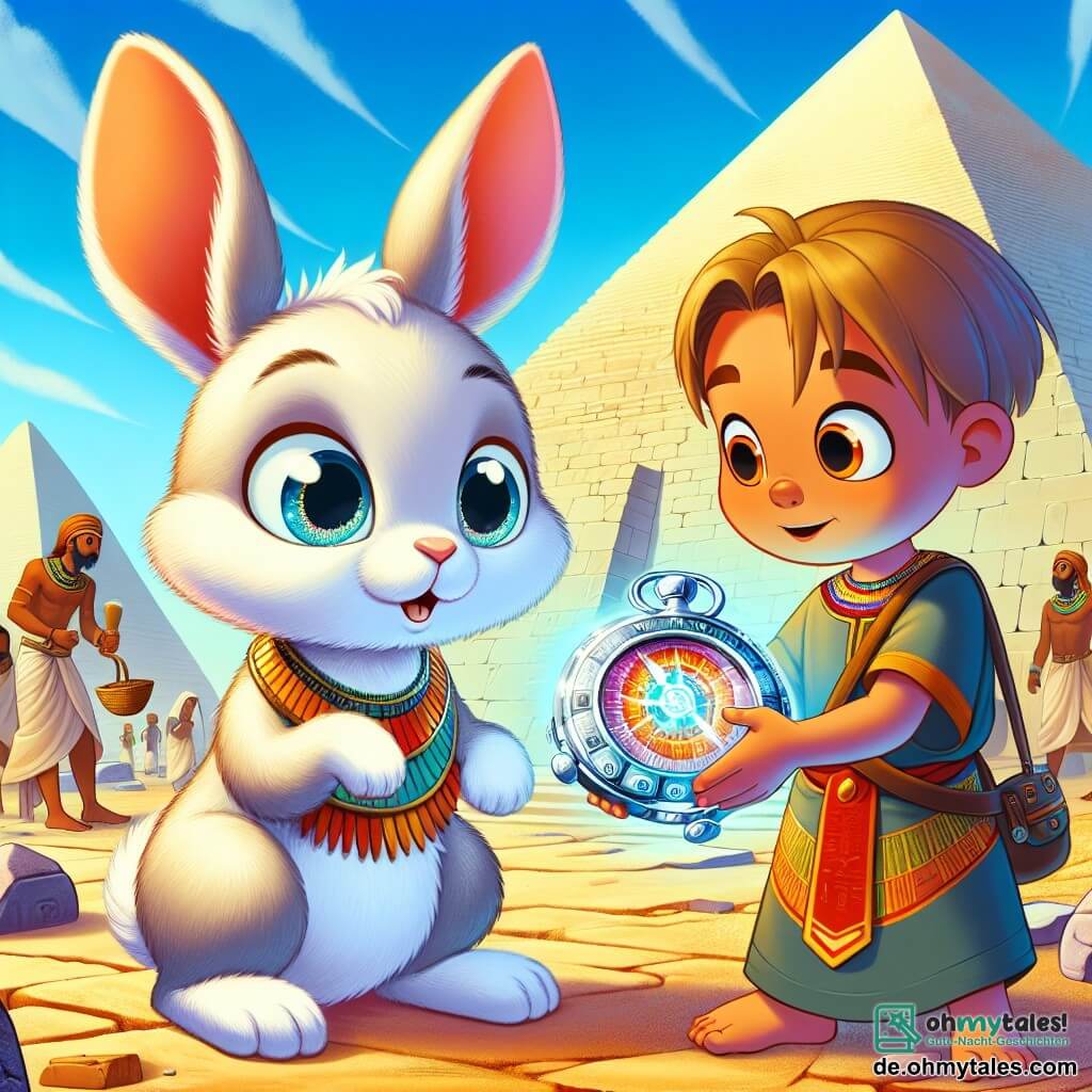 Ein kleiner Hase mit großen Ohren, weichem und seidig glänzendem Fell und neugierigen, funkelnden Augen steht im Mittelpunkt des Bildes und bewundert ein glänzendes, futuristisch geformtes Kompassgerät, das er in seinen Pfoten hält. Neben ihm schaut ein junger ägyptischer Junge in einer bunten Tunika und einer Perlenkette mit einem freundlichen Lächeln auf den Hasen, seine Augen voller Staunen. Im Hintergrund erheben sich majestätische Pyramiden unter einem strahlend blauen Himmel, während Arbeiter in traditionellen Gewändern um sie herum beschäftigt sind, Steine zu meißeln und Körbe zu tragen. Die Szene strahlt eine Atmosphäre von Abenteuer und Entdeckung aus, während der Hase und der Junge sich darauf vorbereiten, die Wunder des alten Ägypten zu erkunden.