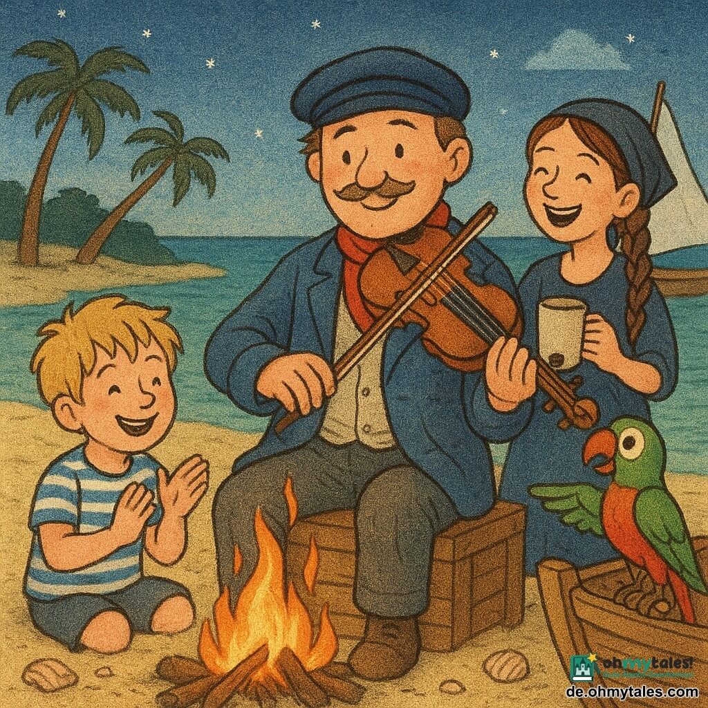 Ein lächelnder, ruhiger Mann, Kapitän Bruno, rundes Gesicht mit feinem Schnurrbart, rotes Halstuch und abgenutzte blaue Jacke, sitzt auf einer Holzkiste und spielt eine kleine Violine neben einem Lagerfeuer am Strand; links auf dem Sand klatscht ein etwa zehnjähriger blonder Junge mit zerzausten Haaren und gestreifter Hemd im Takt, hinter Bruno steht ein etwa zwölfjähriges Mädchen mit heller Haut und braidem Zopf, sie hält eine Tasse und lacht, rechts auf der Reling des kleinen Bootes sitzt der grün-rote Papagei Pico mit halb geöffneten Flügeln und buntem Schnabel, im Hintergrund ankert die kleine Fregatte „La Blaue Muschel“ mit hellbraunem Holz und zusammengelegtem weißen Segel in einer ruhigen Bucht, der Strand hat goldenen Sand, einige Palmen und schimmernde Muscheln, das Feuer wirft warme orange-gelbe Reflexe auf die Gesichter, der Himmel zeigt bläuliche Dämmerung mit ersten Sternen über glitzerndem grünem Meer; sanfte, warme Stimmung mit gesättigten Pastelltönen und leicht strukturierter Linienführung, Komposition zentriert auf Bruno und das Feuer, einfache, freundliche Ausdrücke, für ein vierjähriges Kind verständlich.