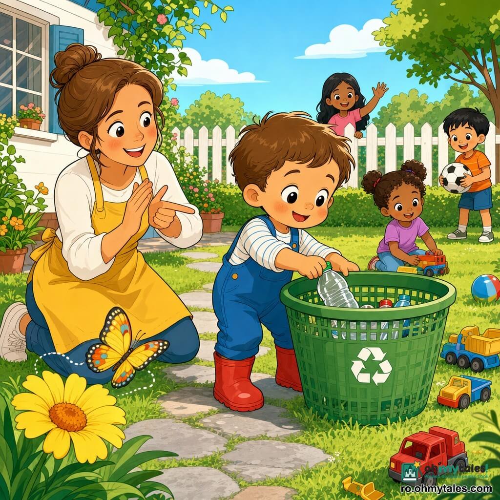 Un băiat de 2 ani, față rotundă, păr scurt șaten și ochi mari curioși, zâmbet sincer și obraji roz, poartă o salopetă albastră și cizme roșii; ține o sticlă mică din plastic transparentă și o strecoară cu grijă într-un coș mare verde de reciclare, fericit și concentrat. O femeie (mama, circa 30–35 ani), păr șaten deschis prins, față blândă, poartă un șorț galben; stă în spatele băiatului, în stânga, îngenuncheată, aplaudând ușor și arătând cu degetul coșul. Un fluture colorat zboară lângă o floare mare galbenă în prim-plan, aducând viață. Loc: o curte însorită cu iarbă verde, un potecă mică din pietre gri, un gard viu jos și o barieră de lemn alb în fundal, câteva jucării împrăștiate. Situație principală: moment tandru și simplu — băiatul pune sticla în coș în timp ce mama îl încurajează; floarea e udată lângă, culori vii, contururi clare, atmosferă caldă și optimistă.