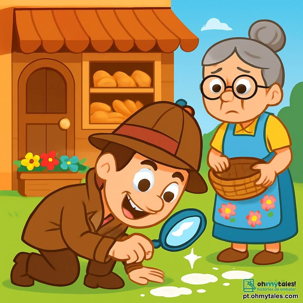 Um detetive chamado Tobias, com um grande sorriso, um chapéu engraçado e uma lupa brilhante, está agachado no chão, examinando marcas de farinha com uma expressão de curiosidade e excitação. Ao lado dele, uma mulher idosa, Dona Rosa, com cabelos grisalhos em um coque e um avental florido, observa Tobias com uma expressão preocupada, segurando uma cesta vazia de pães. Ao fundo, uma charmosa padaria de madeira, com prateleiras cheias de pães dourados e janelas decoradas com flores coloridas, cria uma atmosfera acolhedora. A cena mostra Tobias em plena investigação, procurando pistas para encontrar os pãezinhos desaparecidos, enquanto Dona Rosa o observa com esperança.