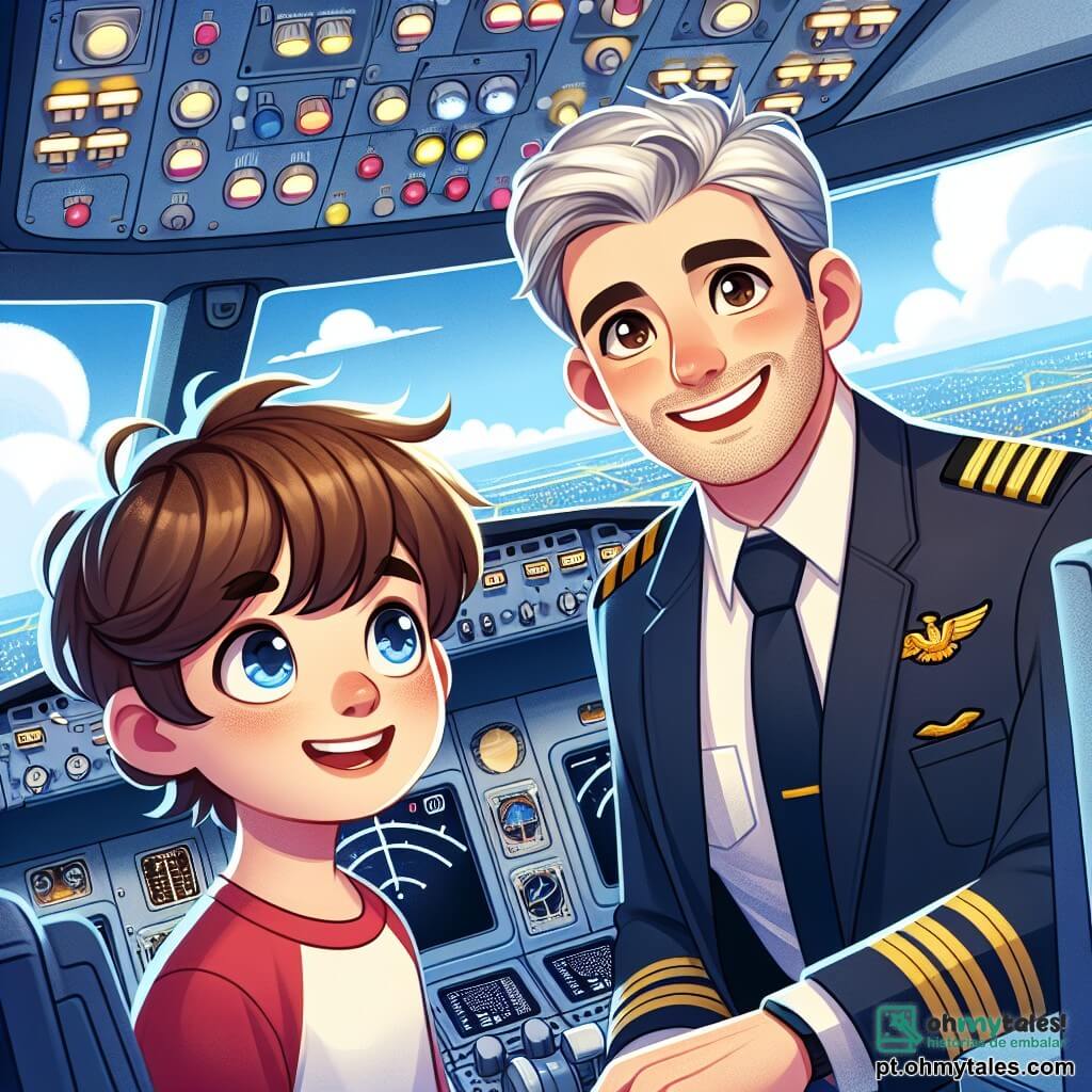 Um piloto de avião, um homem de cerca de cinquenta anos com cabelos grisalhos e um sorriso caloroso, está no cockpit de um grande Boeing 747. Ele usa um uniforme de piloto azul-marinho com uma gravata amarela, e seu rosto expressa alegria e excitação enquanto se prepara para o voo. Ao seu lado, um garoto de 11 anos, com cabelos castanhos bagunçados e olhos brilhantes de curiosidade, observa tudo com admiração. Ele usa uma camiseta vermelha e uma pequena mochila, segurando-se perto da janela, com as mãos no painel, pronto para viver uma aventura inesquecível. O cockpit está cheio de luzes piscantes e instrumentos coloridos, com uma vista panorâmica de um céu azul brilhante e nuvens fofas abaixo. A cena principal mostra o piloto explicando os comandos do avião ao jovem garoto, que está cativado por cada palavra, enquanto se preparam para decolar em novas aventuras.