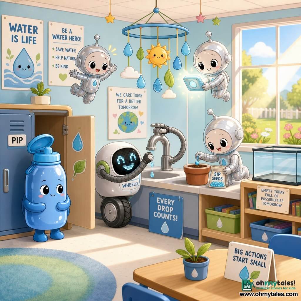 Pip is a small shiny blue water bottle with a round body, foldable cap, a drawn face with big gentle eyes and a shy smile; cheerful and proud, he stands in his cubby near the sink watching. Wheelo is a small round robot on one wheel with a pixel-face showing a wide smile, flexible arms reaching for the tap; determined, helping to turn it off, standing by Pip in front of the sink. Three tiny aliens (Zing, Glimmer, Drip) look like small humanoids in shiny silver suits with friendly round eyes; Zing jumps with excitement, Glimmer holds a glowing gadget above the tap, Drip opens a small pouch of water beads (Sip Seeds) and smiles; they float around the sink. The classroom is a bright empty primary room with pastel walls, water and nature posters, wooden shelves, an empty aquarium, and a large window letting in a sunbeam onto a small lawn outside. Main scene: the dripping tap is stopped by Wheelo while the aliens hang a colorful mobile and place a water bead in a small pot; hopeful, warm, centered composition, soft pastel colors, smooth textures and rounded shapes, calm optimistic mood.