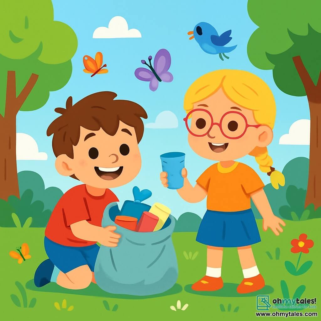 A 6-year-old boy, Sammy, with messy brown hair and a big joyful smile, is crouched in the green grass, holding a plastic bag filled with colorful litter he just picked up. Next to him is his best friend Lily, a 6-year-old girl with braided blonde hair and pink glasses, smiling while holding a plastic cup she found. Their environment is a beautiful natural park, filled with majestic trees with vibrant green leaves, colorful flowers dancing in the wind, and a clear blue sky dotted with fluffy white clouds. The scene shows Sammy and Lily cleaning the park, surrounded by colorful butterflies and singing birds, illustrating their commitment to protecting nature and keeping their environment clean and healthy.