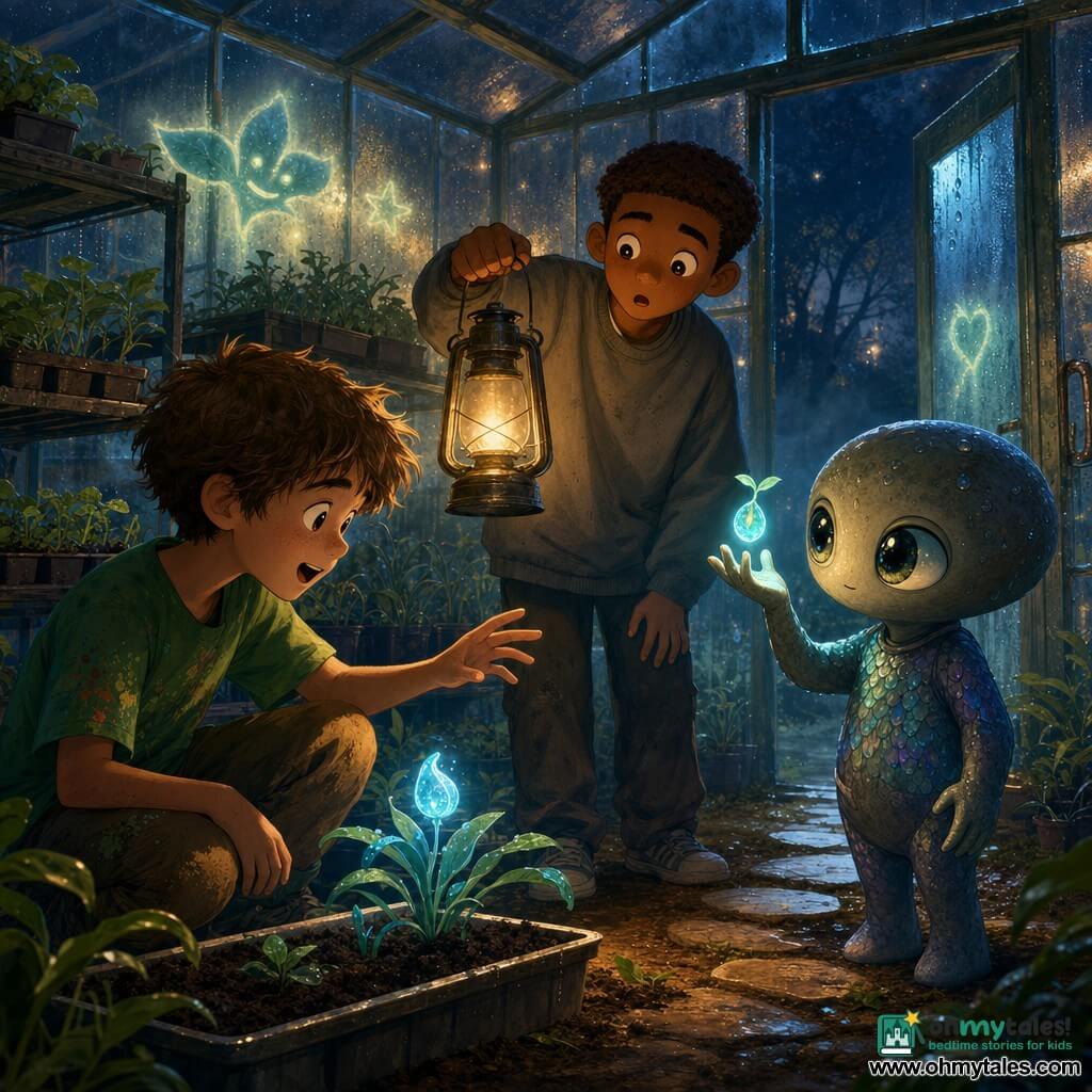 Three characters: Milo, 11, with tousled brown hair, a paint-stained green T-shirt and grass-streaked knees, crouched by a soil tray at left, reaching toward a small glowing plant with a look of wonder; Ben, 11, with short light-brown hair and an oversized gray sweatshirt, standing center-right with a comic, amazed expression while holding an old lit lantern casting warm light; Lumo, a small alien with a smooth rounded silhouette, wet-stone-colored skin, large marbled shining eyes and a scale-like sparkling suit, at right near the greenhouse door with one hand raised holding a floating glowing seed. The scene: a school greenhouse at night with fogged glass walls, metal shelves of plant trays, water droplets reflecting light, a misty warm, humid atmosphere, dark soil paths lit by blue-green glows and the lantern’s yellow bulb. The moment: the boys and the alien share a gentle, curious discovery around a new plant emitting soft blue light, the lantern illuminating surprised faces and light shafts in the mist forming friendly symbols.