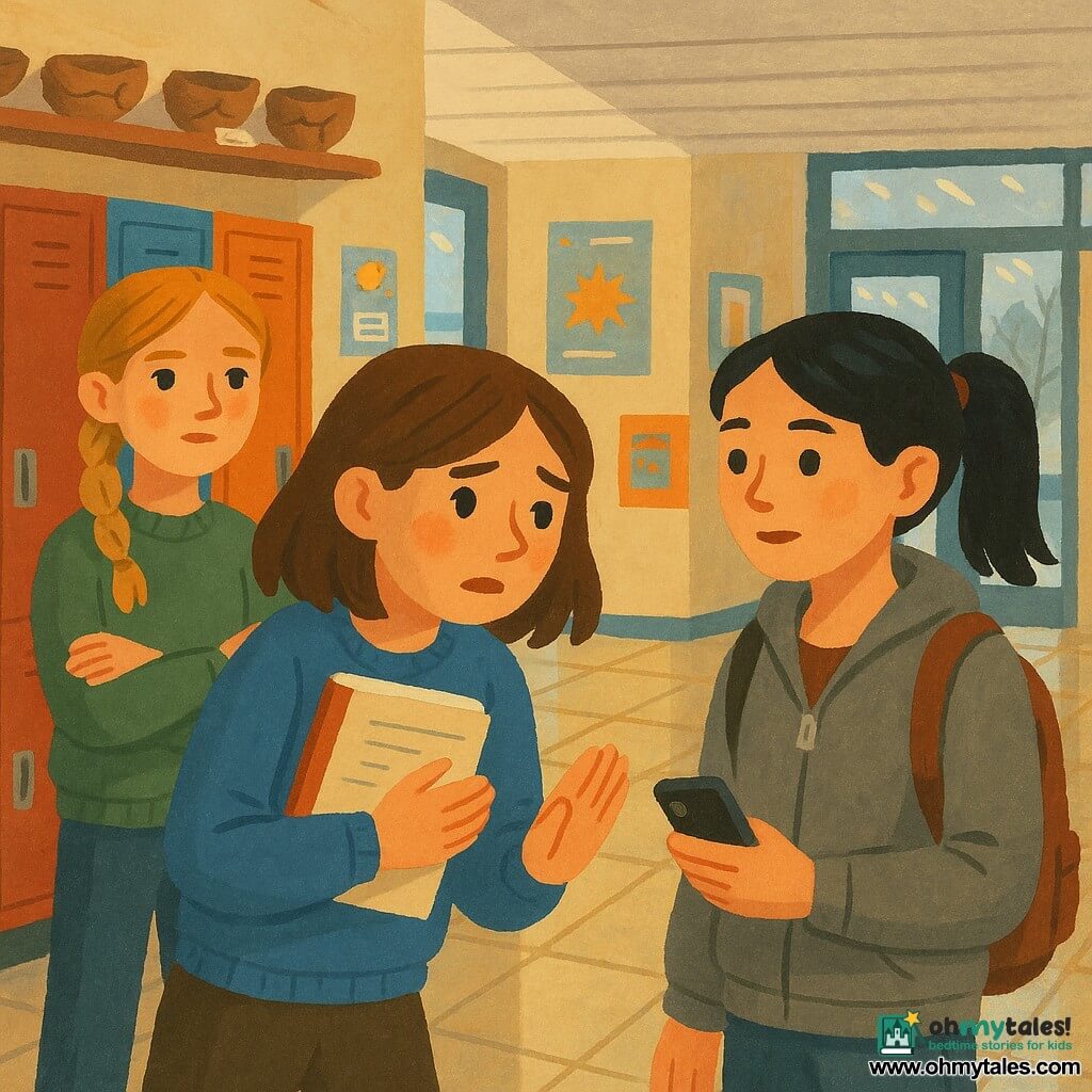 A 12-year-old girl, Maya, looks ashamed but determined—furrowed brows, flushed cheeks, mid-length brown hair, blue sweater—holding an open notebook to her chest protectively as she timidly apologizes to Lina with a hand gesture and a forward-leaning posture; Lina, also 12, appears surprised then relieved with a half-smile, lips slightly parted, black hair in a ponytail, gray jacket, holding her phone and a backpack while facing Maya; Tessa, 12, stands slightly back to the left with braided blonde hair, green sweater and crossed arms, attentive and encouraging; the scene is a school hallway bathed in soft winter light with colorful lockers, posters, shiny tiled floor, a glass library door in the background, a shelf behind them holding drying cracked clay bowls with paper labels, and a rumor depicted as small blurred lines fading upward.
