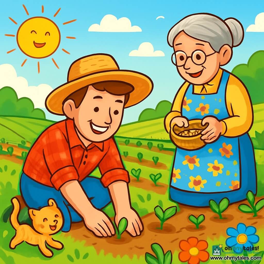 A farmer in his thirties, smiling and cheerful, wears a wide straw hat and a red checkered shirt. He is crouched in a green field, hands in the soil, planting small vegetable seedlings. Next to him, a woman in her fifties, Mrs. Wren, has graying hair and wears a floral apron. She holds a small basket of seeds and admires the farmer's work. The field is bathed in golden sunlight, with rows of young plants stretching as far as the eye can see, surrounded by colorful flowers and a blue sky dotted with white clouds. The scene shows the farmer and Mrs. Wren planting seedlings, laughing together, while a small cat plays in the grass nearby.