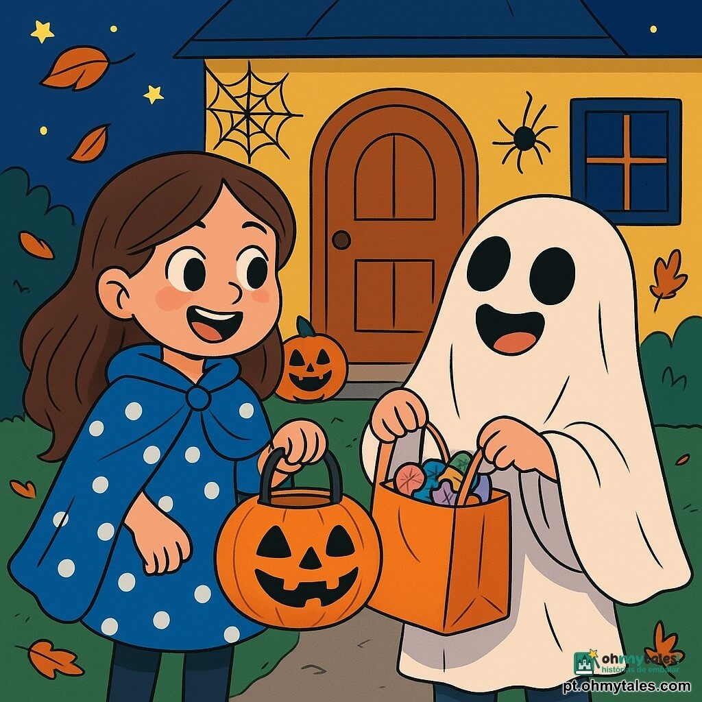 Uma menina de 6 anos, com longos cabelos castanhos e olhos brilhantes de curiosidade, usa uma capa azul com bolinhas brancas. Ela sorri com entusiasmo, segurando uma lanterna em forma de abóbora, pronta para explorar a noite de Halloween. Ao seu lado, um garoto de 6 anos, vestido de fantasma com um lençol branco e olhos redondos, ri alegremente enquanto agita uma sacola cheia de doces. Eles estão em frente a uma casa amarela decorada para o Halloween, com teias de aranha e abóboras sorridentes na entrada. A noite está estrelada e uma brisa suave faz as folhas de outono dançarem ao redor deles. A cena principal mostra a menina e o garoto se preparando para bater na porta da casa, ansiosos para descobrir as surpresas da noite.