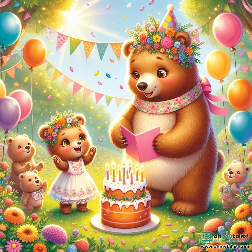Benny the bear, a small brown bear with sparkling eyes and a radiant smile, stands in the center of a sunny clearing, surrounded by colorful decorations for Mother's Day. Filled with excitement and pride, he holds a large pink card in his paws, ready to surprise his mom. Next to him, Mama Bear, a large gentle bear with cream-colored fur and warm eyes, looks at Benny with tears of joy, touched by her little one's love. She wears a pretty floral scarf and stands beside a large carrot-shaped cake decorated with sparkling candles. The clearing is filled with vibrant flowers, floating balloons, and colorful garlands dancing in the gentle breeze. Sunlight filters through the leaves of the trees, creating a magical and festive atmosphere. The main scene shows Benny and Mama Bear at the moment all the guests shout "Surprise!", celebrating Mother's Day together, filled with joy and love in a festive ambiance.
