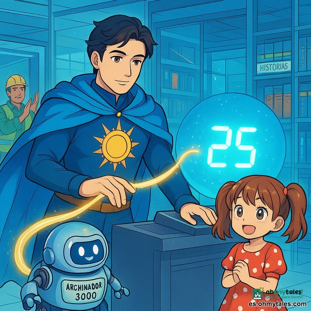 Un hombre adulto de rostro sereno y mirada decidida, capa azul celeste ondeando, traje azul oscuro con un símbolo solar dorado en el pecho, sostiene una cuerda brillante como un lazo de luz y posa su mano protectora sobre un gran panel electrónico; junto a él, una niña de unos 7 años con dos coletas y vestido rojo de lunares blancos, sonrisa maravillada, mira hacia una gran esfera azul; un robot redondo cromado sobre ruedas, ojos en pantalla que muestran un pequeño corazón y una etiqueta en el vientre “AR-CHIVADOR 3000”, rueda alegre y confuso hacia una consola central; dos operarios hombres de 40–50 años con chalecos verdes y cascos, aliviados y aplaudiendo junto a una puerta abierta detrás del héroe; todo en el interior de un moderno Centro de Archivos con paredes de vidrio brillantes, estanterías coloridas etiquetadas “Fotos / Historias / Planos”, iluminación fría con reflejos azules y una gran esfera luminosa en el centro con un contador digital; situación: el héroe detiene la cuenta regresiva posando una mano luminosa sobre el panel mientras la cuerda de luz abraza los cables como un lazo, el robot aprende ternura, ambiente de acción suave y cooperación, paleta en azules, dorados y rojos, estilo manga cálido y expresivo.