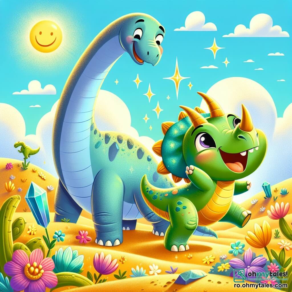 Un triceratops pe nume Trixie, cu o piele verde strălucitoare și trei coarne mari, dansează vesel sub soare, cu un zâmbet mare pe față. Ochii ei strălucesc de entuziasm în timp ce stă pe picioarele din spate, înconjurată de flori colorate. Lângă ea, un brontosaurus pe nume Benny, foarte înalt cu un gât lung și o piele bleu, o observă râzând. Se apleacă ușor pentru a fi la aceeași înălțime cu Trixie, ochii lui mari și blânzi reflectând bucuria momentului. Scena are loc într-un vast deșert însorit, presărat cu dune de nisip auriu și flori strălucitoare, sub un cer albastru deschis cu câteva nori albi pufoși. Trixie și Benny sărbătoresc prietenia lor după ce au descoperit un cristal strălucitor îngropat în nisip, simbolizând aventura și legătura lor specială.