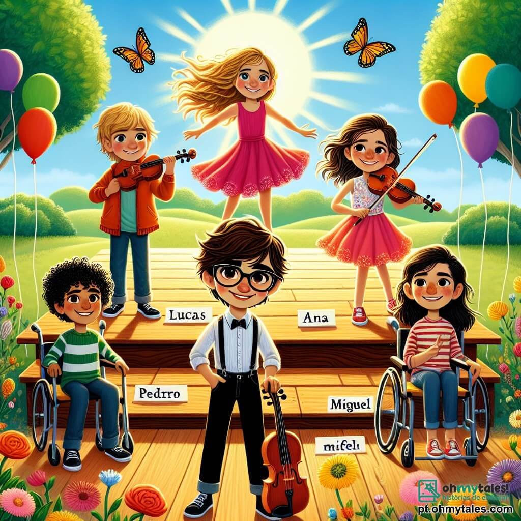 Em um parque ensolarado, cinco amigos estão em um palco de madeira decorado com balões coloridos. Lucas, um garoto de 11 anos com cabelos castanhos bagunçados e óculos, está no centro, sorrindo confiante, pronto para contar sua história. Ana, uma garota de 11 anos com cabelos longos e loiros, dança alegremente à sua direita, vestindo um vestido rosa vibrante. Pedro, um garoto de 11 anos com cabelos negros e uma camiseta listrada, está à esquerda, segurando um violino, com uma expressão concentrada. Sofia, uma garota de 11 anos com cabelos castanhos e óculos, está atrás de Lucas, preparando cartas de mágica com um ar travesso. Miguel, um garoto de 11 anos com cabelos curtos e castanhos, está sentado em sua cadeira de rodas na frente, sorrindo e encorajando seus amigos com um polegar para cima. O parque está cheio de verde, com árvores majestosas e flores coloridas balançando ao vento. Crianças riem e aplaudem ao fundo, criando uma atmosfera alegre e festiva. A cena representa o momento em que Lucas, prestes a falar, supera seu medo e abraça sua autoconfiança, cercado por seus amigos que o apoiam.