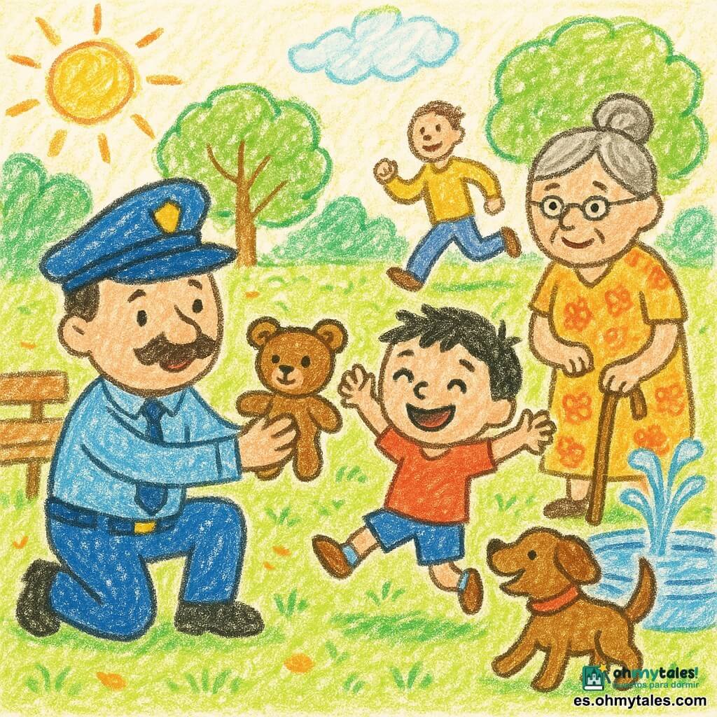 Un policía sonriente con bigote, gorra y uniforme azul claro con botones amarillos se arrodilla y entrega un pequeño oso de peluche marrón a un niño de unos 4 años de cabello corto y negro que salta de alegría a su derecha; detrás, una abuela de pelo gris en moño y vestido de flores sostiene un bastón y sonríe; un perro marrón con collar rojo mueve la cola junto a una fuente mientras un hombre adulto corre hacia el grupo; parque soleado con banco de madera, árboles de hojas redondas, césped y una fuente redonda; escena alegre, colores cálidos, estilo de dibujo infantil.