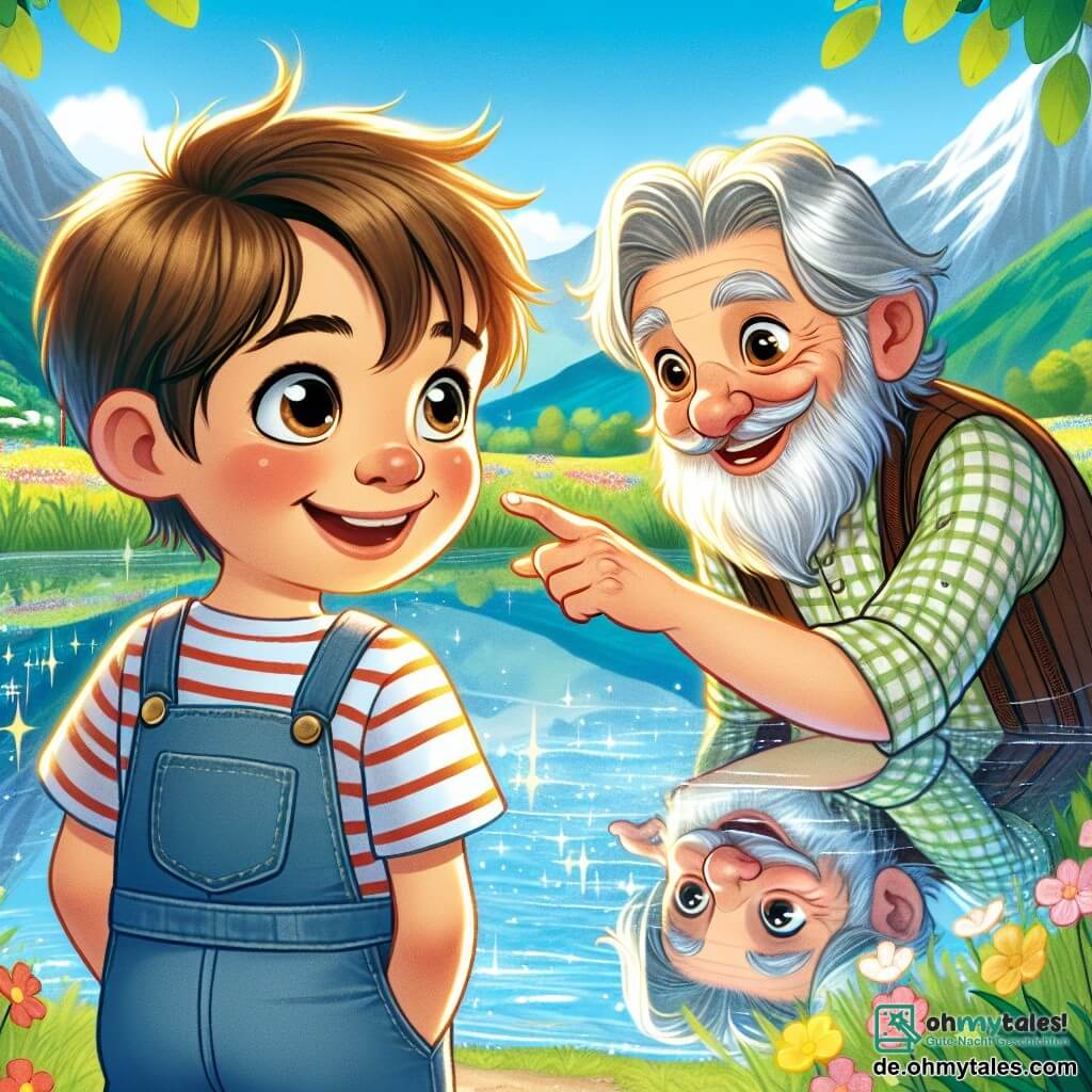 Ein 10-jähriger Junge namens Emil steht am Ufer eines funkelnden Sees, sein Gesicht von einem staunenden Lächeln erleuchtet. Er hat zerzauste braune Haare, neugierige, funkelnde Augen und trägt ein gestreiftes T-Shirt und eine Jeansshorts. Neben ihm steht ein kleiner alter Mann, der Sonnenweiser, mit einem langen silbernen Bart und leuchtenden Augen wie Sterne, der warm lächelt und auf die Wasseroberfläche zeigt. Die Landschaft ist bezaubernd, umgeben von grünen Bergen unter einem strahlend blauen Himmel, mit bunten Blumen, die im Wind tanzen. Emil betrachtet sein Spiegelbild im Wasser und entdeckt die Farben seines Herzens, während der Sonnenweiser ihn ermutigt, seine Emotionen und seine innere Wahrheit zu erkunden.