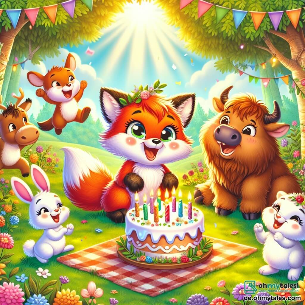 Ein kleiner Fuchs mit glänzend rotem Fell und strahlenden Augen steht in der Mitte einer sonnigen Lichtung, mit einem großen Lächeln im Gesicht, umgeben von seinen Freunden, um seinen Geburtstag zu feiern. Rechts von ihm springt ein niedlicher Hase mit großen weißen Ohren und rosigen Wangen vor Freude, seine Augen leuchten, während er einen kleinen Kuchen mit bunten Kerzen hält. Links von ihm applaudiert ein Bison mit braunem Fell und weichem Fell, freundlich lächelnd, mit aufgeregtem Schwanzwedeln. Die Szene spielt in einem geheimen Garten, gefüllt mit bunten Blumen, die im leichten Wind tanzen, während Sonnenstrahlen durch die Blätter majestätischer Bäume filtern und tanzende Schatten auf den Boden werfen. Die Freunde des kleinen Fuchses versammeln sich um eine große karierte Decke, lachen und singen fröhlich, während sie sich auf den Genuss des Geburtstagskuchens vorbereiten und die Luft mit Lachen und Freude füllen.