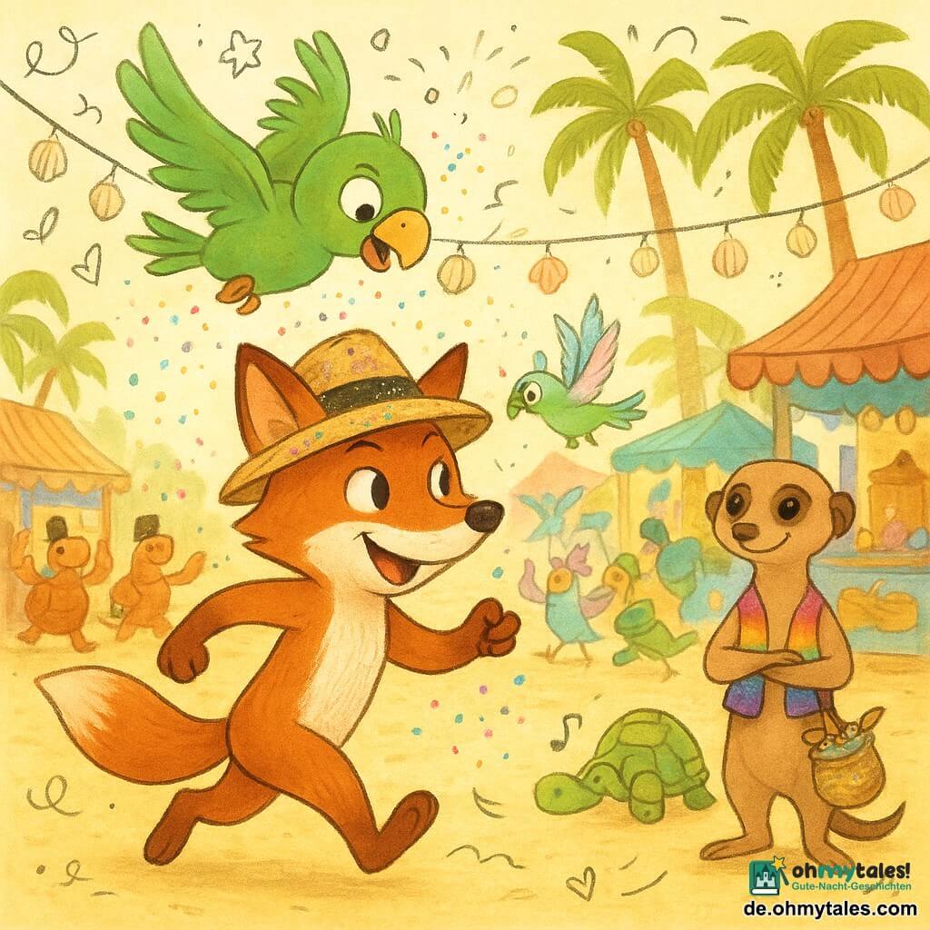 Fino, ein anthropomorpher Fuchs mit kupferglänzendem Pelz, lächelnd und entschlossen, trägt einen mit Glitzern übersäten Strohhut und läuft am Rand eines Umzugs, um schwebende Pailletten zu fangen; darüber wirbelt der freche, leuchtend grüne Papagei Lala, der nach den Sequins taucht, und einige Schritte dahinter steht die nähende Manguste Mirna im regenbogenfarbenen Gilet, mit verschränkten Armen, lächelnd und ein Säckchen Pailletten haltend; um sie herum ein fröhlicher Tierzug (Krabben mit kleinen schwarzen Hüten, pastellfarbene Kolibris, Trommel tragende Schildkröten) auf einem Inselsmarkt mit Palmen, warm bemalten Holzständen, Muschellaternen, goldenem Sand und schimmernden Wellen im Hintergrund; Szene: dynamische, diagonal komponierte Festlaufaktion unter warmem Sonnenlicht, gesättigte Farben, weiche Linien, Stoff‑ und Strohttexturen, glänzende Spiegelungen auf den Pailletten und verspielte Doodle‑Elemente zur Betonung der Jugendlichkeit.