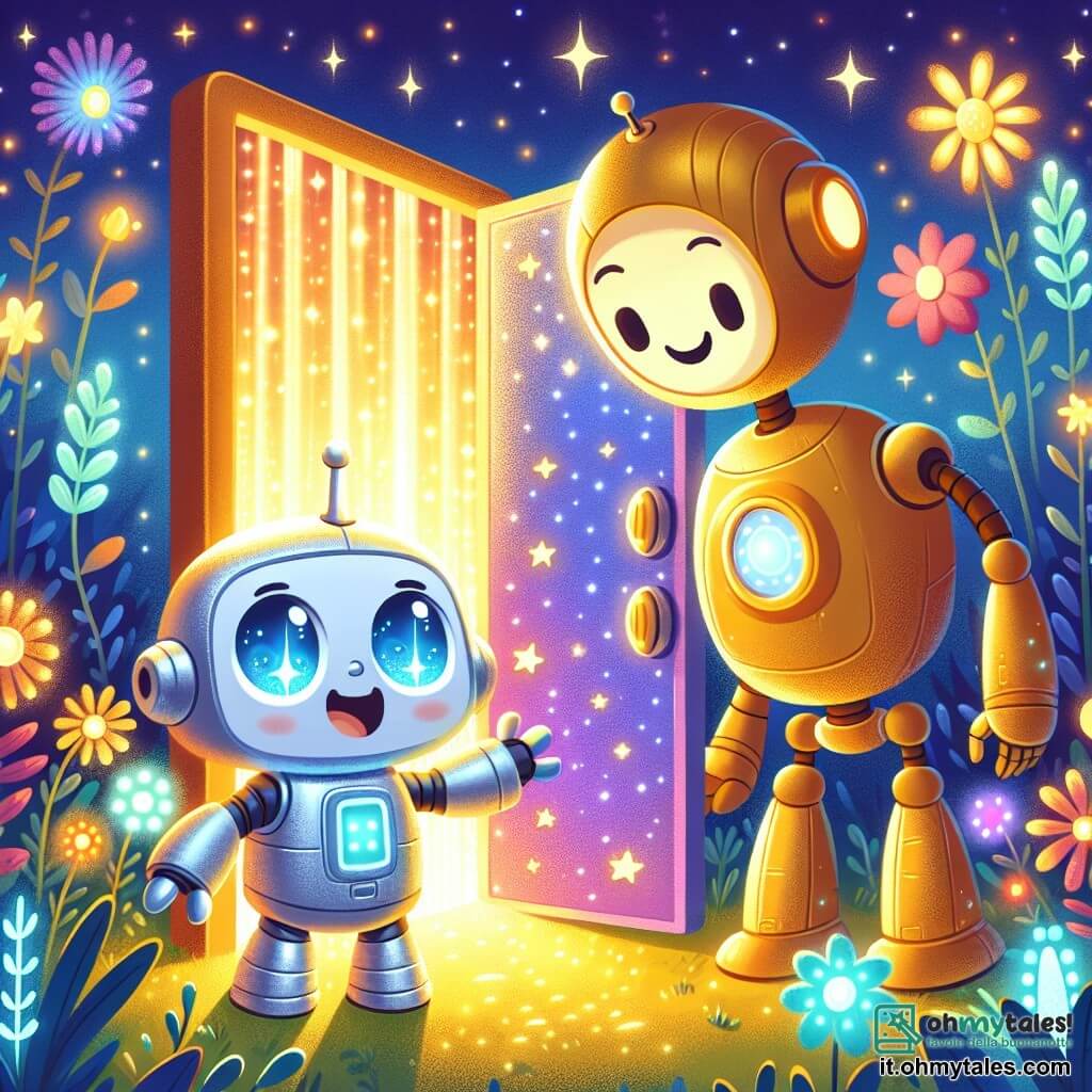 Un piccolo robot di nome Lumino, con un corpo argentato e occhi brillanti come stelle, esprime grande curiosità e meraviglia mentre esplora una misteriosa porta scintillante in un giardino di fiori luminosi. Accanto a lui c'è Glimmer, un robot più grande con colori dorati e occhi dolci, che sorride con benevolenza, mostrando a Lumino la magia della camera dei desideri. Il luogo è un giardino futuristico, pieno di piante luminescenti dai colori vivaci, con sentieri di luce che scintillano sotto un cielo stellato. La situazione principale mostra Lumino che apre la porta segreta, scoprendo un tunnel di luce splendente che lo invita ad entrare in un mondo magico.