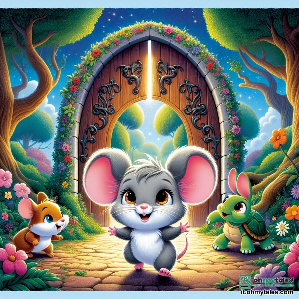 Una piccola topo di nome Tippy, con un morbido pelo grigio e occhi scintillanti di curiosità, si trova davanti a una grande porta di legno decorata con fiori colorati. Ha un'espressione determinata, pronta per un'avventura. Accanto a lei, Benny il Coniglio, un giovane con grandi orecchie e un pelo bianco splendente, salta gioiosamente, il suo viso radioso di eccitazione. Lila la Tartaruga, una piccola tartaruga con un guscio verde e occhi maliziosi, si muove lentamente ma con sicurezza, osservando il paesaggio con interesse. L'ambiente è un magnifico boschetto incantato, pieno di alberi maestosi con foglie brillanti, fiori dai colori vivaci e un cielo blu chiaro punteggiato di nuvole soffici. La scena principale mostra Tippy e i suoi amici davanti alla porta misteriosa, pronti ad aprirla per scoprire il mondo magico che li attende all'interno, con i cuori che battono di eccitazione e attesa.