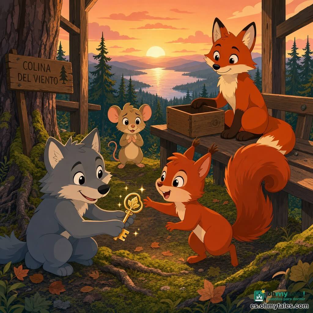 El protagonista es Lino, un pequeño lobo gris de pelaje suave y ojos brillantes, agachado y sosteniendo una llave dorada con un motivo de hoja, mirándola contento y tranquilo; Nica, una ardilla roja de ojos curiosos, está junto a él saltando de alegría y estirando una pata para tomar la llave, su cola tupida forma una curva expresiva; Miga, una ratoncita beige, se mantiene algo atrás, tímida pero aliviada, con las manos juntas y mirando al grupo con orgullo; Roco, un zorro rojizo de orejas puntiagudas, está sentado en el banco de madera del mirador, sonriendo y apoyando una pata sobre una caja de madera vacía; la escena ocurre en un mirador de madera en una colina con raíces visibles, musgo claro, pequeñas hojas marrón-anaranjadas, pinos al fondo y un lago plateado bajo un cielo de atardecer anaranjado-rosado; la situación principal muestra el hallazgo feliz de la llave dorada bajo las raíces cerca del banco, con amigos reunidos, expresiones cálidas, luz vespertina que hace brillar la llave y una atmósfera de cooperación y alivio; estilo gráfico simple, colores planos y contrastados, formas nítidas, siluetas legibles y texturas minimalistas con detalles visibles (motivo de hoja en la llave, nervaduras de las hojas, nudos de la madera).
