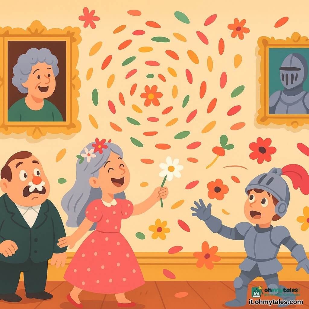 Principessa Fioraluna, bambina gioiosa e maliziosa, capelli lunghi argento con corona di piccoli fiori, vestito rosa a pois bianchi, ride tendendo una margherita volante verso un quadro; il Duca di Frittolina, uomo di circa 50 anni, viso rotondo e baffuto, sguardo sorpreso, tiene una margherita incollata al naso, a sinistra della principessa davanti a una grande cornice dorata; la Bisnonna Pasticciona, anziana in un dipinto, capelli grigi ricci, sorride aprendo leggermente la cornice come una finestra, sembra parlare dal muro dietro la principessa; un cavaliere bambino di circa 10 anni con armatura lucida caricaturale cerca di prendere un papavero che gira sopra la testa, a destra vicino a un ritratto di cavaliere; galleria di ritratti: sala lunga e stretta, pareti crema, pavimento in legno verniciato, cornici barocche dorate allineate, moti di polvere luminosa; situazione principale: tempesta di petali multicolori che turbinano a spirale, fiori come trottole, ritratti animati con volti divertiti che escono leggermente dalle cornici, atmosfera divertente ed esaltata; palette vivace e contrastata con rosa, gialli, rossi e verdi saturi, ombre morbide, contorni netti, stile infantile e chiaro, composizione centrata sulla principessa circondata da cornici e petali in movimento.