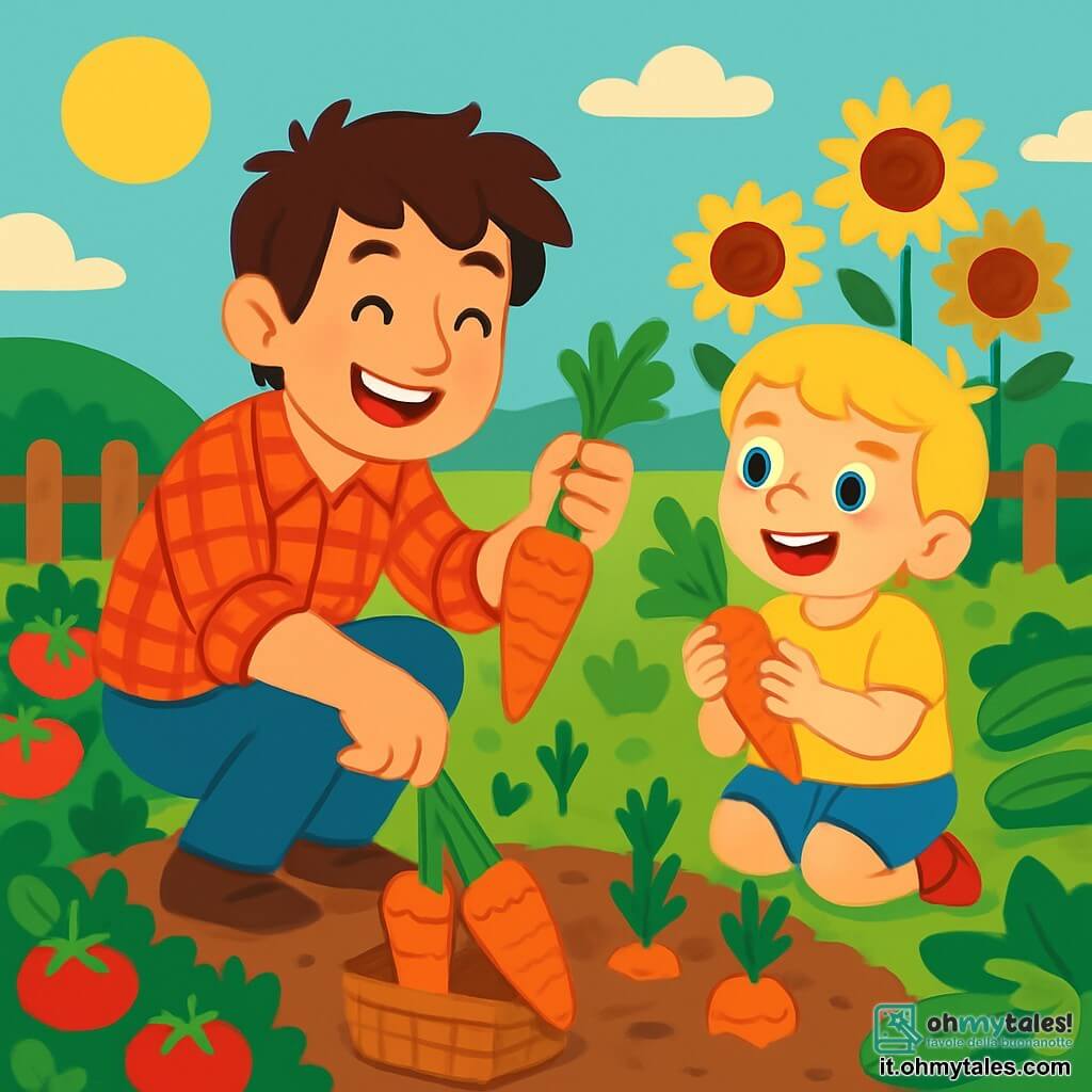Un giovane, Marco, sorridente e felice, con i capelli castani disordinati e una camicia a quadri rossa, è accovacciato in un giardino soleggiato mentre raccoglie carote arancioni vivaci. Accanto a lui, un ragazzo di 8 anni di nome Luca, con capelli biondi e occhi scintillanti, osserva con meraviglia le carote che tiene tra le mani. Il giardino è circondato da file di ortaggi colorati, con pomodori rossi e zucchine verdi, e sullo sfondo si intravede una recinzione di legno e campi di girasoli che ondeggiano dolcemente al vento. La scena mostra Marco e Luca che ridono insieme, condividendo un momento di complicità mentre scoprono la magia del raccolto nel calore di una bella giornata estiva.