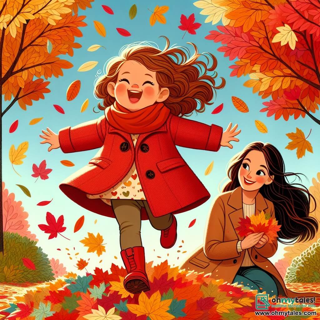 A one-year-old girl with curly brown hair and round cheeks is wearing a large red coat. She is joyfully jumping into a pile of colorful autumn leaves, with a big smile on her face. Next to her, her mother, a woman in her thirties with long brown hair, is laughing with her arms crossed while holding some leaves in her hand. The setting is an autumn park with trees displaying vibrant orange, yellow, and red leaves under a clear blue sky. Leaves are gently falling around them, creating a magical and joyful atmosphere. The main scene shows the little girl having fun jumping in the leaves, with laughter echoing in the fresh, fragrant autumn air.