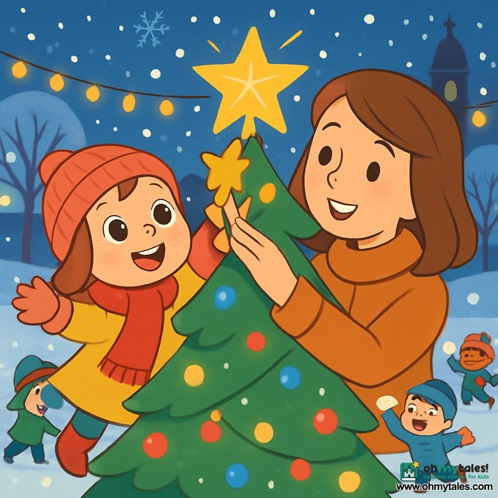 A 4-year-old girl named Lily, with big bright eyes and a radiant smile, wears a pink wool hat and a red scarf. Full of joy and wonder, she raises her arms to hang a shining star on a large Christmas tree. Beside her, her mother, a gentle woman in her 30s with brown hair and a warm coat, encourages her with a loving smile, holding the base of the star to assist. The scene takes place in a snowy square, illuminated by twinkling lights hanging from the trees, with snowflakes gently falling, creating a magical atmosphere. The large tree in the center, adorned with colorful lights and shiny ornaments, is surrounded by small children playing in the snow, laughing and throwing snowballs. Lily and her mother are decorating the tree, filled with happiness and warmth, while distant bells softly ring, adding to the magic of this Christmas evening.