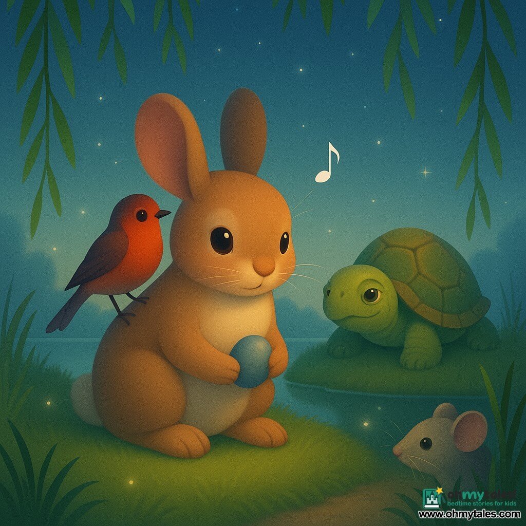A small warm-brown rabbit sits serenely holding a smooth bluish stone called Perhaps; a bright red robin perches on its shoulder singing a sustained note; a slow, wise turtle watches from a nearby grassy mound; a shy pale-gray mouse peeks from shadow at the edge. They are under a weeping willow by a mirror-like pond at dusk, with soft mossy grass and pale stars in a blue-gradient sky; warm and blue tones, soft textures, quiet intimate atmosphere as the rabbit meditates preparing an inner journey while friends circle protectively and tiny sparks of light drift like fragile ideas.