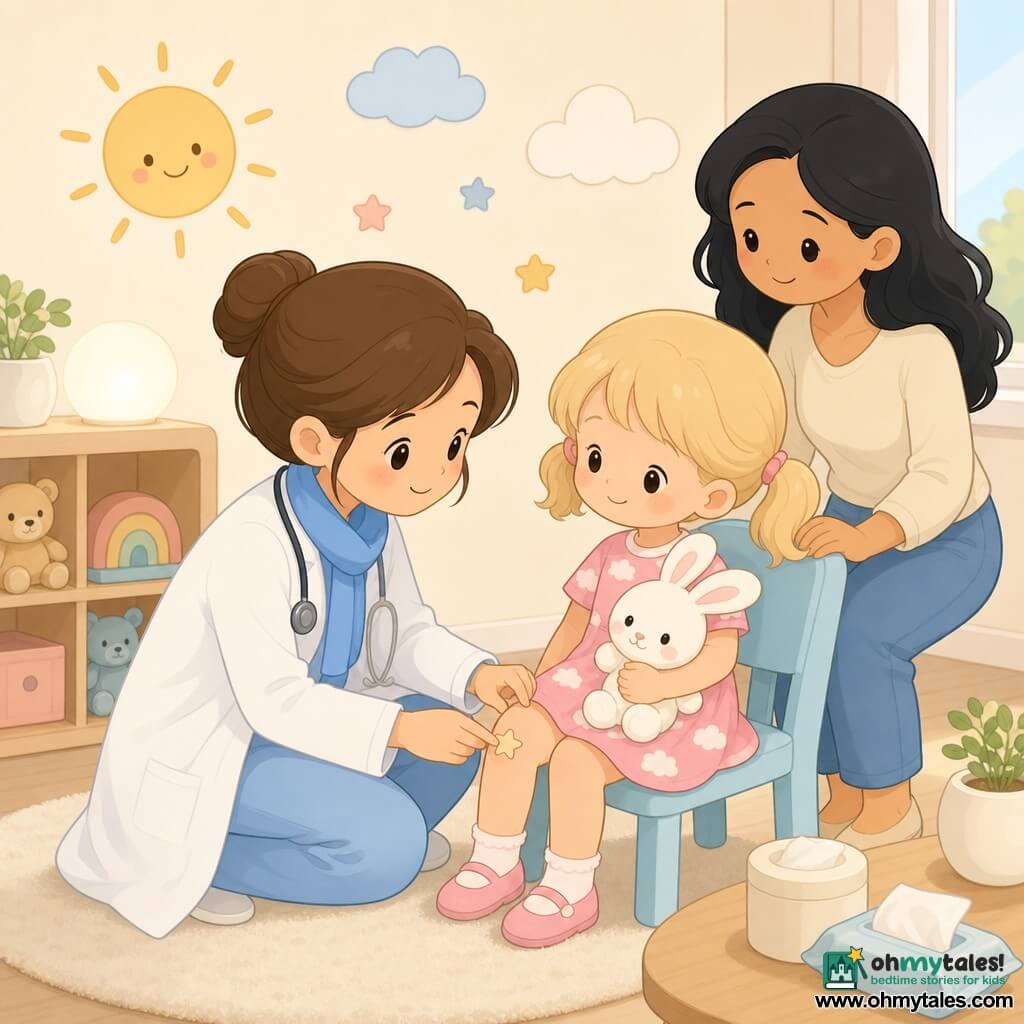 Dr. Mira, a smiling, kind brown-haired doctor with hair in a bun, wearing a light white coat and blue scarf, kneels to gently examine a small star-shaped bandage on a knee while soothing a child; Zoey, about 5–6, blond pigtails, in a pink cloud-patterned dress, sits on a small chair holding a white plush rabbit and smiles shyly as the doctor cleans the spot with a warm wipe and applies the bandage; behind them the relieved mother (30–35, tan skin, hair down) stands with hands on the chair back in a bright, warm consultation room with sun and cloud stickers, a low toy shelf, a soft round lamp, and creams and wipes on a light wood table, soft pastel palette (sky blue, dusty pink, gentle yellow).