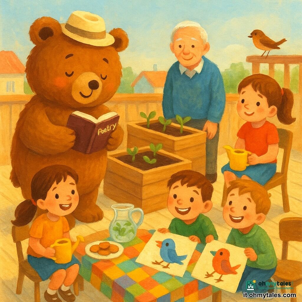 Un grande orsacchiotto vivente, Orso Bruno, dal pelo bruno, in piedi sulla terrazza legge un piccolo quaderno di poesie; Nina, bambina di otto anni con coda di cavallo e annaffiatoio giallo, è seduta vicino; un uomo anziano dai capelli grigi sorride vicino alle fioriere; due scolari mostrano disegni di uccelli accovacciati accanto al tavolo; una giovane fotografa con capelli corti e sciarpa blu riprende la scena. Terrazza soleggiata con pavimento in legno chiaro, tre grandi fioriere con terra scura e nuove piantine, tavolino con tovaglia colorata, piatti di biscotti e caraffa d’acqua alla menta; sul bordo un piccolo uccellino che sembra ascoltare. Atmosfera calma, calda e luminosa, colori pastello e texture in stile gouache.
