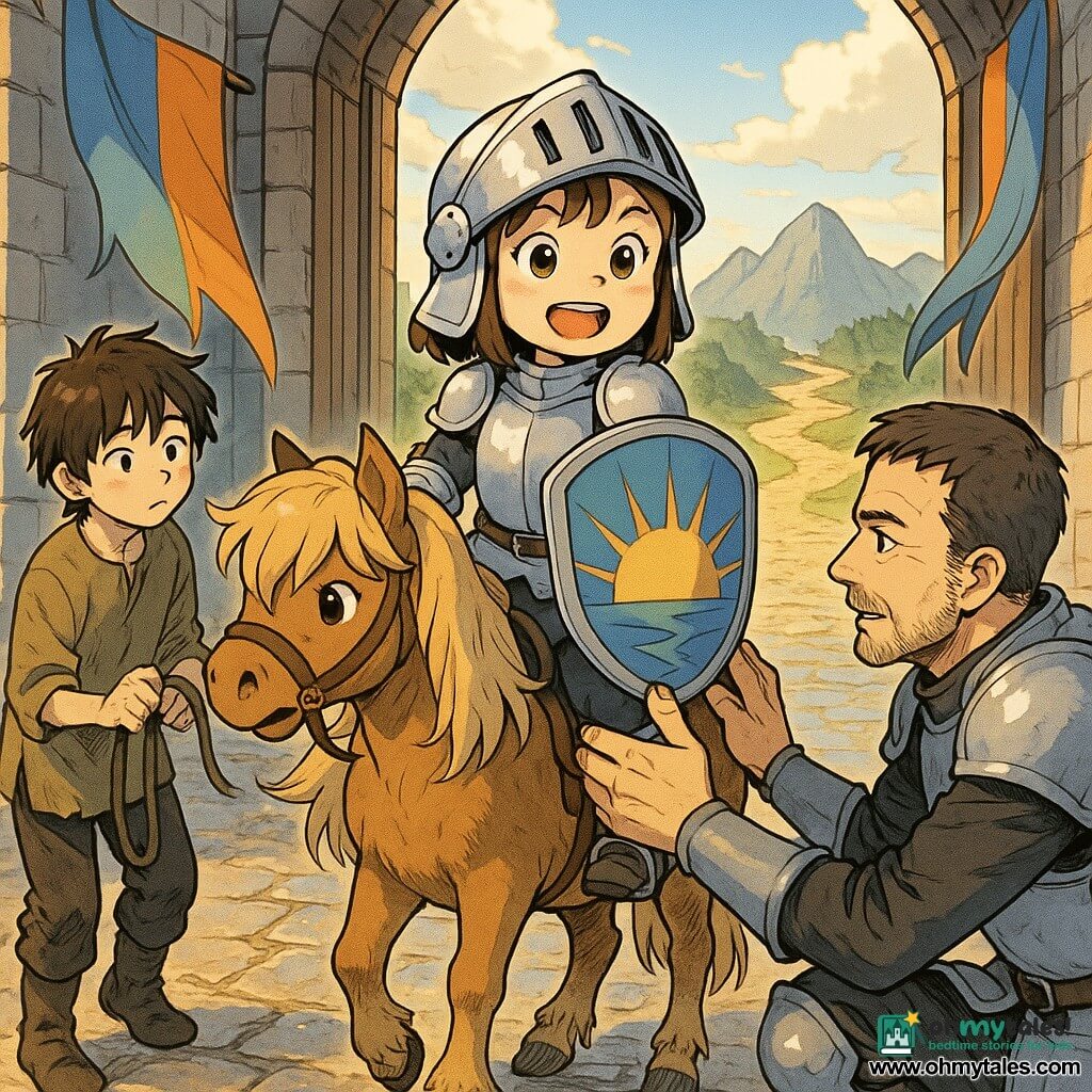 A young girl knight (about 8) with a round face, bright eyes and determined expression wears an oversized helmet on brown hair, holds a sunrise-painted shield and light practice sword, and stands proudly on her small mare Bramble (honey mane, nervously pawing); a messy-haired stableboy (about 12) holds the reins nearby with a worried but tender look, and a captain (about 40) in simple armor crouches with a hand on her shoulder as a blessing; the morning castle courtyard has wet cobbles, colorful banners and a massive wooden gate opening onto three paths—dark forest left, gray mountains center, misty river right—bathed in golden light as the young knight readies to depart.