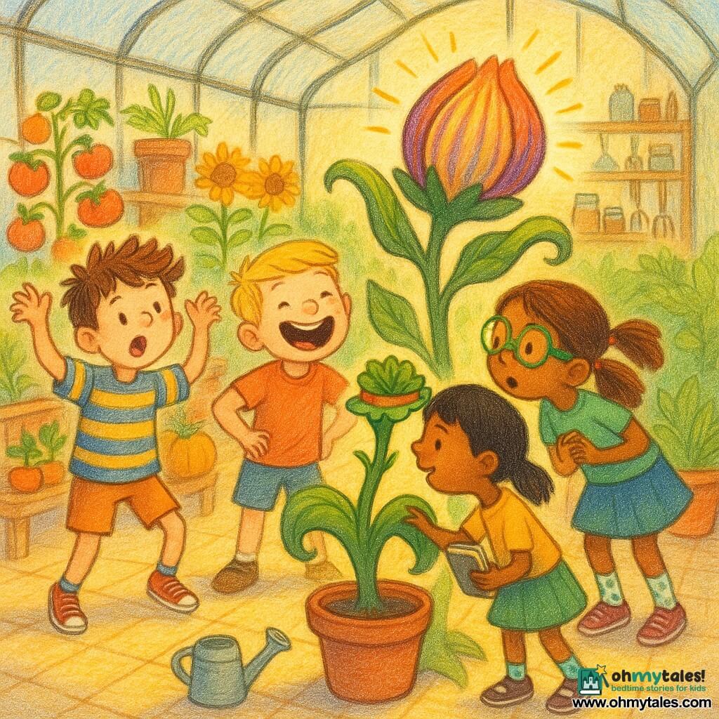 Four children around a strange potted plant in a sunlit glass greenhouse: Leo, ~8, tousled brown hair and freckles, striped blue‑yellow tee, doing a chicken dance left of stage; Mia, ~7, chestnut pigtails and sparkly green glasses, polka‑dot socks, whispering to the plant at right; Alfie, ~8, blond, wide grin, hands on hips at center‑left laughing toward the plant; Poppy, ~7, short black hair, green skirt, holding a small notebook and placing a salad‑hat on a leaf at the front. The greenhouse has beige tiled floor with soil spots, warm sun patches, rows of colorful pots (tomatoes, pumpkins, sunflowers) and a wooden shelf with jars and tools in the background. At center a thick‑stemmed green plant with curled leaves and a large bud is opening into a smiling, striped orange‑and‑violet flower with a burst of petals and light; the scene is joyful with bright colors and visible crayon‑like textures.