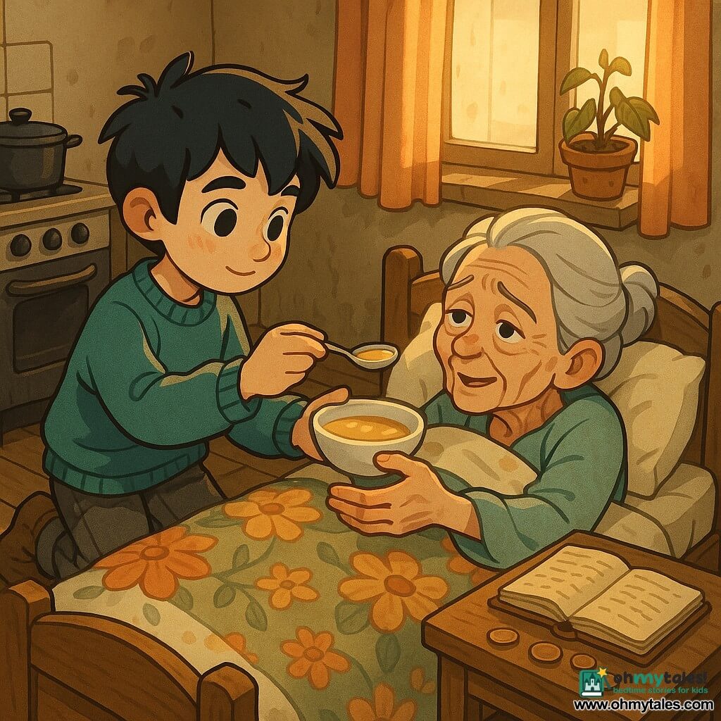 A 10-year-old boy with a round face, wide eyes and messy black hair, wearing an oversized sweater and worn trousers, gently feeds an elderly woman soup with a small spoon; the roughly 75-year-old woman, wrinkled with gray hair in a loose bun and eyes moist but relieved, lies under a floral blanket on a wooden bed reaching for him; an open leather notebook and scattered coins hint at a past, and the modest room—creaking wooden floor, golden morning light through faded curtains, peeling paint and a pot of withered plants on the sill—frames a warm, intimate scene of care with a warm color palette and tactile textures.