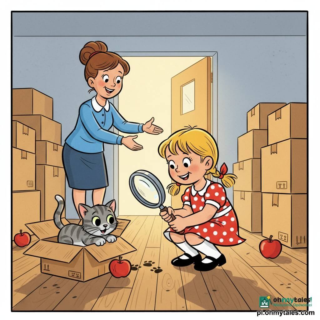 Sześciolatka, wesoła i ciekawa, blond w kucykach, w czerwonej sukience w białe kropki, kuca przy przewróconym kartonie z lupą, bada ślady małych łapek; obok zabawny szary pręgowany kociak Puszek popycha czerwone jabłko i częściowo chowa się za kartonem; w tle, w cieniu wejścia do sklepu, uśmiechnięta około 35‑letnia kobieta z brązowymi włosami związanymi w koku w niebieskiej bluzce wyciąga rękę jakby po kociaka; jasne wnętrze małego magazynu ze stosami kartonów, drewnianą podłogą, rozrzuconymi jabłkami i ciepłym światłem przez uchylone drzwi; scena zabawnego, bezpiecznego śledztwa, zaokrąglone formy, wyraziste rysy i żywe kontrastowe kolory.
