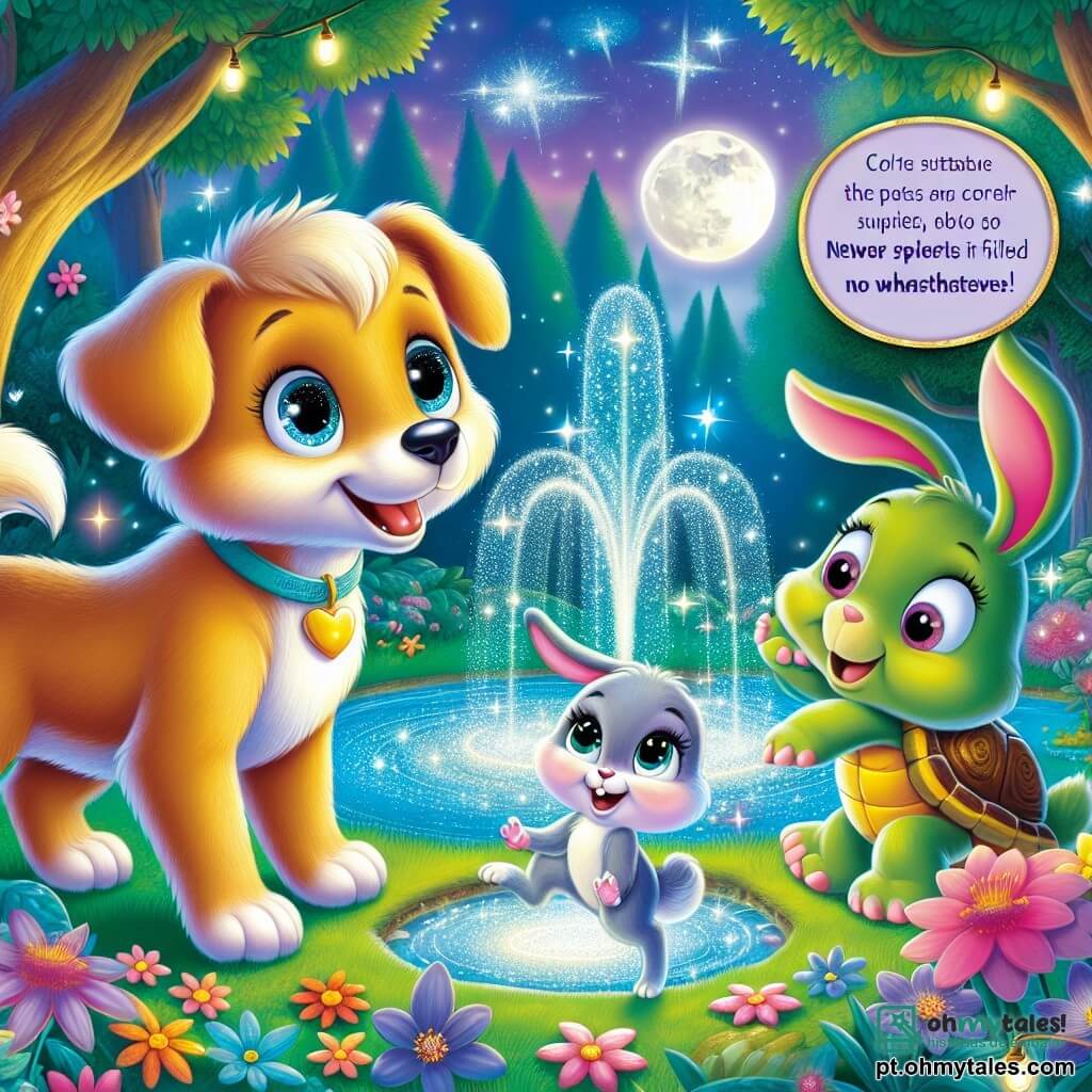 Um cachorro chamado Tico, com pelagem dourada brilhante e olhos curiosos, está à beira de uma fonte mágica iluminada pela lua, exibindo uma expressão de maravilha e alegria. Ao seu lado, uma coelhinha chamada Lili, com orelhas longas e olhos travessos, salta de alegria, enquanto uma tartaruga sábia chamada Tutu, com uma carapaça colorida e um sorriso bondoso, os observa com orgulho. O local é uma floresta encantada, onde as árvores dançam suavemente ao vento, e flores coloridas florescem ao redor da fonte cintilante, banhada por uma luz prateada. A cena principal mostra Tico e seus amigos reunidos ao redor da fonte mágica, fazendo um desejo juntos para que sua floresta esteja sempre cheia de alegria e aventuras.