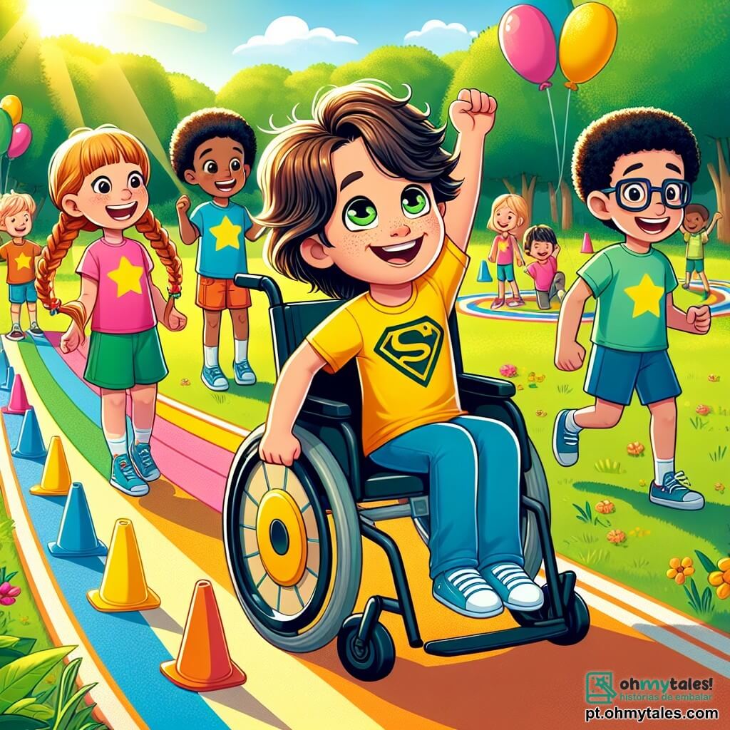 Um garoto de 10 anos, Luca, está sentado em sua cadeira de rodas, com um grande sorriso no rosto. Ele tem cabelos castanhos bagunçados, olhos brilhantes de alegria e usa uma camiseta amarela vibrante com um logo de super-herói. Ele manobra habilidosamente sua cadeira por um percurso de obstáculos colorido, cercado de cones e balões. Ao lado dele, uma menina de 9 anos, Ana, está de pé, com os braços levantados em sinal de incentivo. Ela tem longos cabelos loiros trançados e usa uma camiseta rosa com estrelas. Ela sorri amplamente, compartilhando a empolgação de Luca. Outro garoto, Pedro, de 10 anos, corre ao lado de Luca, com cabelos negros e óculos. Ele usa um short azul e uma camiseta verde. Ele olha para Luca com admiração, pronto para incentivá-lo. A cena acontece em um parque ensolarado, cheio de árvores verdes e flores coloridas. Risadas de crianças ecoam ao redor deles, e balões flutuam no céu azul. Luca participa de uma corrida de obstáculos adaptada, mostrando sua determinação e alegria de viver, provando que a amizade e o apoio podem superar todos os desafios.