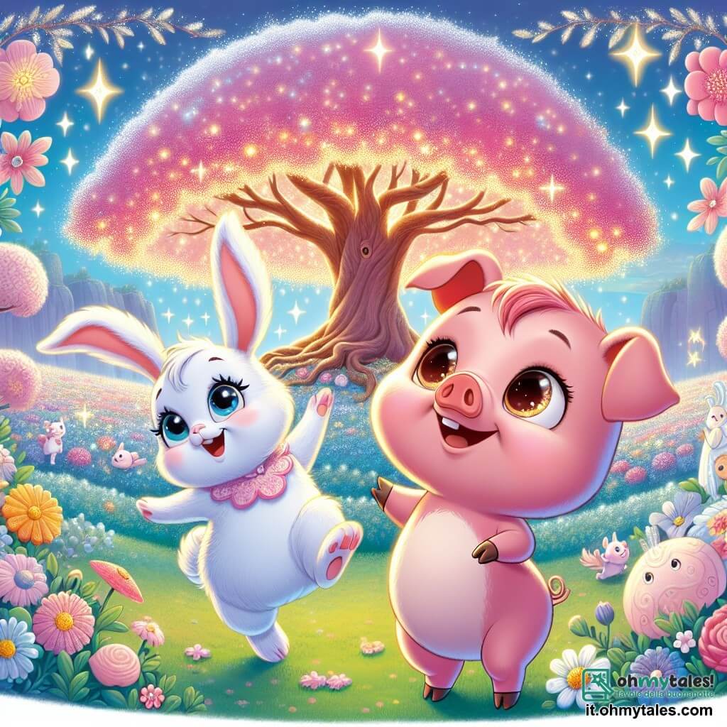 Un piccolo maialino di nome Pigrillo, con un pelo rosa brillante e occhi pieni di curiosità, si trova al centro della scena, sorridendo entusiasta mentre guarda intorno a sé. Accanto a lui, la sua migliore amica, Clara la coniglietta, un'adorabile coniglia dalle grandi orecchie e pelo bianco, salta gioiosamente, i suoi occhi brillano di gioia. Insieme si trovano in un magnifico giardino incantato, pieno di fiori colorati scintillanti e un grande albero con rami zuccherati, simili a cotton candy, che sembra invitarli a esplorare. Pigrillo e Clara, meravigliati, scoprono il Giardino dei Sogni, pronti a esprimere un desiderio insieme, circondati da magia e luce.