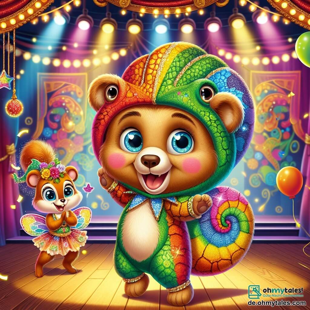 Ein junger Teddybär mit weichem braunem Fell und strahlenden Augen trägt ein buntes Chamäleonkostüm, das im Licht des Karnevals funkelt. Er tanzt auf der Bühne mit einem breiten Lächeln, während Glitzer um ihn herumwirbelt. Neben ihm applaudiert ein freches kleines Eichhörnchen mit rotem Fell und schelmischen Augen enthusiastisch, die kleinen Pfoten in die Luft gehoben. Es trägt ein Feenkostüm, verziert mit Blumen und Glitzer, und steht stolz neben dem Bären. Die Kulisse ist eine große Karnevalshalle, geschmückt mit bunten Girlanden, schwebenden Ballons und funkelnden Lichtern, die die Bühne erhellen. Die Wände sind mit festlichen Zeichnungen und Masken dekoriert, was eine fröhliche und magische Atmosphäre schafft. Die Hauptbühne zeigt den Teddybären, der das Publikum mit seinem bunten Tanz fesselt, während Kinder und Eltern applaudieren und lachen, was die Luft mit Freude und Aufregung erfüllt.