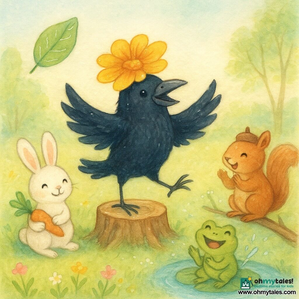 A glossy black crow with bluish sheen feathers joyfully dancing on a small stump wearing a yellow-orange flower as a hat while a smiling veined green leaf flutters above to the left, a red squirrel with fluffy fur laughing and clapping on a low right-hand branch holding an acorn-cap hat, a chubby-cheeked green frog on a lily pad at a small pond splashing in applause, and a white long-eared rabbit sitting on the grass in front of the stump offering a carrot and the flower; the scene is a soft spring clearing with muted green grass, colorful wildflowers, a pale blue reflective pond, slender trees and a bright pastel sky, warm and playful.