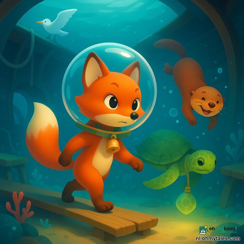 Een kleine antropomorfe roodbruine vos met geconcentreerde, moedige uitdrukking, glanzende ogen, zijdezachte vacht en fijne pootjes, met een klein belletje aan de hals en een grote glazen duikhelm op het hoofd, loopt voorzichtig over een oude houten plank in het interieur van een gezonken schip. Een gladde bruine otter, vrolijk en geruststellend, zwemt vlak voor de vos en blaast bellen die de scène verlichten en het groepje leiden. Een schildpad met een ruwe groene schild, kalm en oplettend, drijft naast de vos en houdt een aan een touwtje vastgemaakte lichtgevende steen die zacht groen licht werpt op de vloer. Een witte meeuw zit boven het wrak met halfgespreide vleugels, zichtbaar als een lichte silhouet door het heldere wateroppervlak. Locatie: binnenin een oud, gezonken schip met gebogen houten balken, rafelige touwen, banken bedekt met blauwgroene algen, kleine roze koralen en bleekblauwe bioluminescente vlekken op de muren, fijn zand dat in lichte wolken kolkt. Hoofdsituatie: een rustige, veilige verkenning van een ruimte met een solide vloergedeelte; diffuse lichtstralen van het oppervlak, zwevende bellen en deeltjes, serene en nieuwsgierige sfeer, warme tinten voor de personages en diepe blauwtinten voor het water.