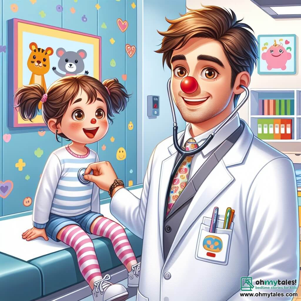 A smiling man, Dr. Leo, is a doctor in his thirties with brown hair and round glasses. He wears a spotless white coat and has a stethoscope around his neck, his face expressing determination and kindness. Next to him, a six-year-old girl, Mia, has curly hair in two pigtails and a red nose from a cold. She is sitting on an examination table, swinging her legs and looking at Dr. Leo with curiosity. In the background, there is a bright and colorful consultation room, decorated with walls painted with smiling animals and health posters. The main scene shows Dr. Leo listening to Mia's heart with his stethoscope while she asks him questions about her runny nose, creating a warm and reassuring atmosphere.