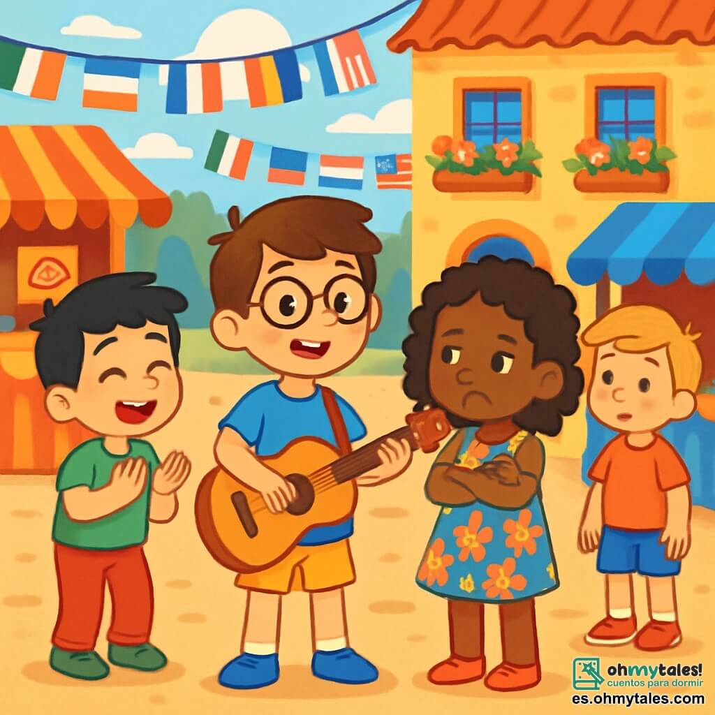 Hay 4 niños: Pablo, un chico de 8 años con cabello castaño y gafas redondas, lleva una camiseta azul y un short amarillo, está de pie en el centro sonriendo con una guitarra al hombro; Tomás, un chico de 7 años con cabello negro y piel clara, lleva una camiseta verde y pantalones rojos, está a la izquierda de Pablo aplaudiendo al ritmo; Amina, una niña de 9 años con cabello rizado y piel oscura, lleva un vestido colorido con motivos florales, está a la derecha de Pablo con los brazos cruzados y un poco triste; Lucas, un chico de 8 años con cabello rubio y piel clara, lleva una camiseta naranja y un short azul, está un poco apartado mirando a Amina con aire dudoso. El lugar es una gran plaza animada rodeada de casas coloridas decoradas con flores, hay puestos de comida de colores vivos con banderas de diferentes países ondeando. Los niños juegan y ríen, creando una atmósfera alegre y festiva. La situación principal muestra a Pablo y Tomás tratando de reunir a sus amigos para cantar juntos, mientras Amina se siente excluida y triste por los comentarios de Lucas.