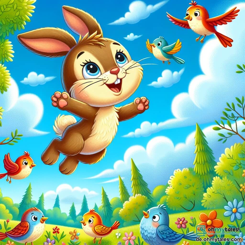 Ein kleiner Hase namens Felix, mit weichem braunem Fell, großen aufrechten Ohren und funkelnden Augen vor Freude, fliegt am blauen Himmel mit ausgebreiteten Flügeln und einem breiten Lächeln im Gesicht. In der Nähe beobachten bunte Vögel mit roten und gelben Federn ihn bewundernd, während sie auf den Ästen eines Baumes sitzen. Die Szenerie ist ein wunderschöner, grüner Wald, gefüllt mit leuchtenden bunten Blumen, unter einem sonnigen Himmel, der mit fluffigen weißen Wolken übersät ist. Felix, beeindruckt von seiner Fähigkeit zu fliegen, macht Pirouetten in der Luft, während die Vögel singen und seine unglaubliche Abenteuerreise applaudieren.