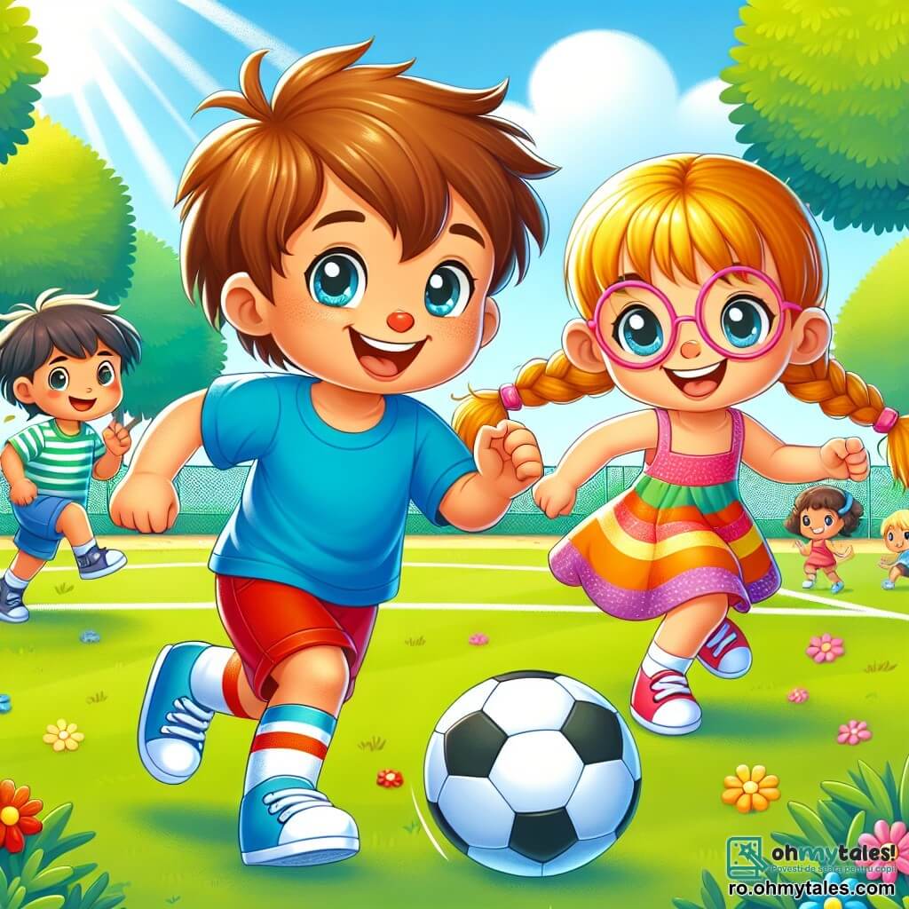 Un băiat de 4 ani, pe nume Andrei, cu părul brun zbârlit și un zâmbet mare și fericit, driblează o minge de fotbal pe un teren de joacă verde. Poartă un tricou albastru și o pereche de pantaloni scurți roșii, iar privirea lui strălucitoare arată entuziasmul său. Lângă el, Maria, o fetiță de 4 ani cu părul blond împletit și ochelari roz, aleargă să prindă mingea, fața ei radiază de determinare. Poartă o rochie colorată și adidași albi, fiind plină de energie. Decorul este un parc însorit, cu copaci verzi luxurianți, flori colorate și un cer albastru deschis. Copiii se joacă în jur, creând o atmosferă veselă și dinamică. Scena principală arată cum Andrei și Maria se joacă împreună la fotbal, ilustrarea egalității de gen, în timp ce se distrează și râd, demonstrând că sportul este pentru toată lumea, indiferent dacă ești băiat sau fată.