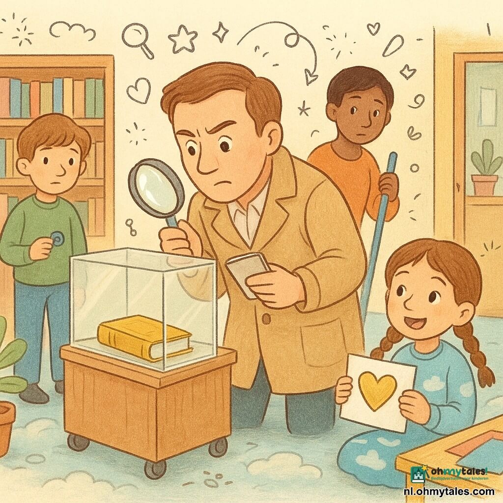 Een mannelijke detective van rond de veertig, kort kastanjebruin haar en beige licht gekreukte mantel, met notitieboekje en vergrootglas bij een glazen vitrine; hij buigt zich voorover en is geconcentreerd. Fatima, ca. 35, donkere huid en kort kapsel, staat bij de dienstdeur met een blauwe dweil en kijkt verlegen naar de vitrine. Joris, ca. 16, in een groen trui, staat links terughoudend en houdt een kleine blauwe sleutel. Mila, ca. 7, met twee vlechtjes en een trui met wolken, zit op het wolkentapijt en houdt een tekening met een gouden hart. In een warme kinderbibliotheek met lage houten planken, wolkentapijt, knutseltafels en planten bij een grote raam; de vitrine is open: de detective heeft het gouden boek ontdekt in een klein rollend kastje, er liggen stukjes zilveren lint en een stofveeg op het tapijt. Sfeervolle, zachte onderzoekssetting in warme pasteltinten met ronde lijnen, potloodtexturen en kleine doodles (loupes, sterren, voetafdrukken) rondom de personages.
