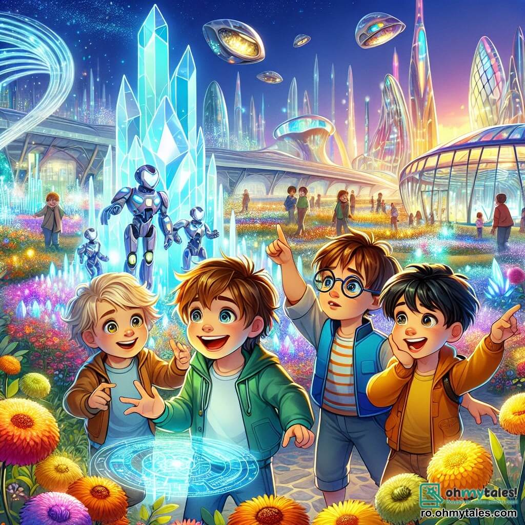 Într-un parc futurist dintr-un oraș strălucitor, patru băieți de 5 ani stau împreună, înconjurați de flori colorate și cristale strălucitoare. Alex, un băiețel cu părul brun și ochi sclipitori, le arată prietenilor săi o hartă holografică. Lângă el, Doru, cu părul blond și un zâmbet larg, râde ținând o mică plantă luminoasă. Matei, cu părul negru și ochelari rotunzi, observă atent un robot care dansează lângă ei, în timp ce Radu, cu părul castaniu și o privire hotărâtă, arată spre o mare structură din cristal care strălucește la soare. Parcul este plin de copaci cu trunchiuri argintii și flori care își schimbă culoarea, iar vehicule zburătoare trec ușor deasupra capetelor lor. În fundal, clădiri futuriste cu forme ondulate și culori vii se ridică spre cer, creând un peisaj magic. Cei patru prieteni descoperă împreună parcul, uimiți de minunile tehnologice și naturale care îi înconjoară, visând să facă orașul lor și mai frumos și luminos.