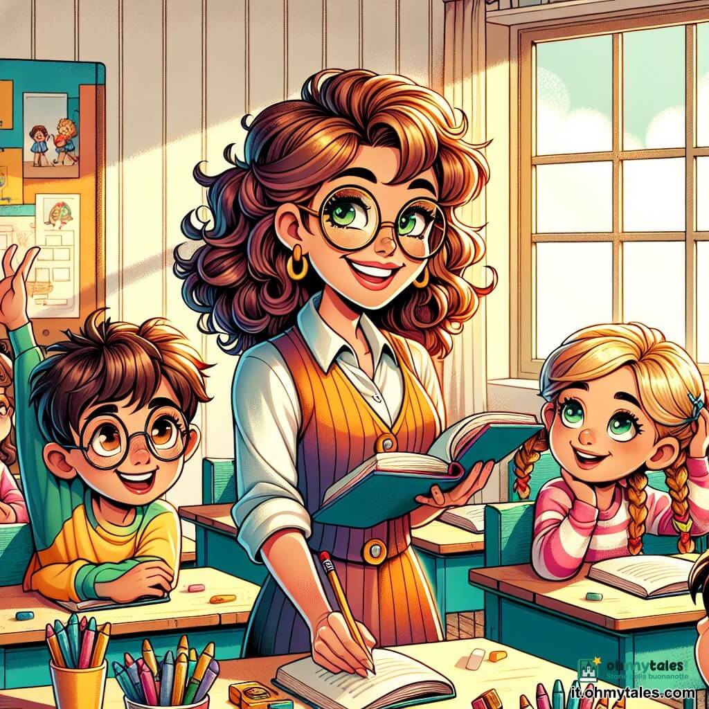 Un'insegnante sorridente, di circa trent'anni, con capelli castani e ricci, indossa un camice colorato e occhiali tondi. È piena di energia e entusiasmo, tiene un libro aperto in mano, circondata dai suoi alunni affascinati. Un ragazzo di 8 anni, con occhiali e capelli biondi arruffati, alza la mano con un grande sorriso, pronto a rispondere a una domanda. Accanto a lui, una ragazza di 9 anni, con capelli castani intrecciati, guarda attentamente, gli occhi brillanti di eccitazione, tenendo una matita in mano. La scena si svolge in un'aula luminosa, con pareti dipinte di giallo chiaro, manifesti colorati appesi e una grande finestra che lascia entrare la luce del sole. I banchi in legno sono disposti in cerchio e al centro c'è una grande scatola di pastelli multicolori, pronta per essere utilizzata. L'insegnante racconta una storia avvincente, mentre i bambini, seduti in cerchio, ascoltano attentamente, i loro volti illuminati dallo stupore e dalla curiosità.