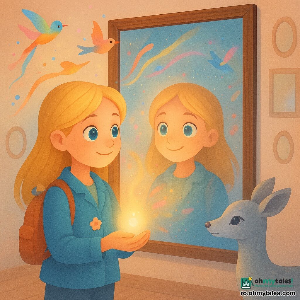 O fetiță de 8 ani, uimită și încrezătoare, cu păr blond, ține la piept un măr de lumină ce pulsează, stând în fața unei oglinzi mari cu ramă din lemn închis care pare să-i zâmbească; Gogu, melcușorul cu șapcuță, atârnă de rucsac privind spre oglindă, iar Sarea, cerbița argintie cu ochi înstelat, o păzește de la intrarea camerei. Păsări-pictor colorate zboară în vârtej lăsând panglici de vopsea pastelată și stropi roz, albaștri și aurii; locul e o casă mică pe o insulă de nori, cu pereți acoperiți de oglinzi de dimensiuni diferite, podea din lemn deschis și lumină difuză ca zahăr filat. Momentul principal: descoperirea „oglinzii care zâmbește”, care nu redă doar reflexia fetei, ci viziuni luminoase ale posibilităților cu confetti și tușe de vopsea plutitoare.